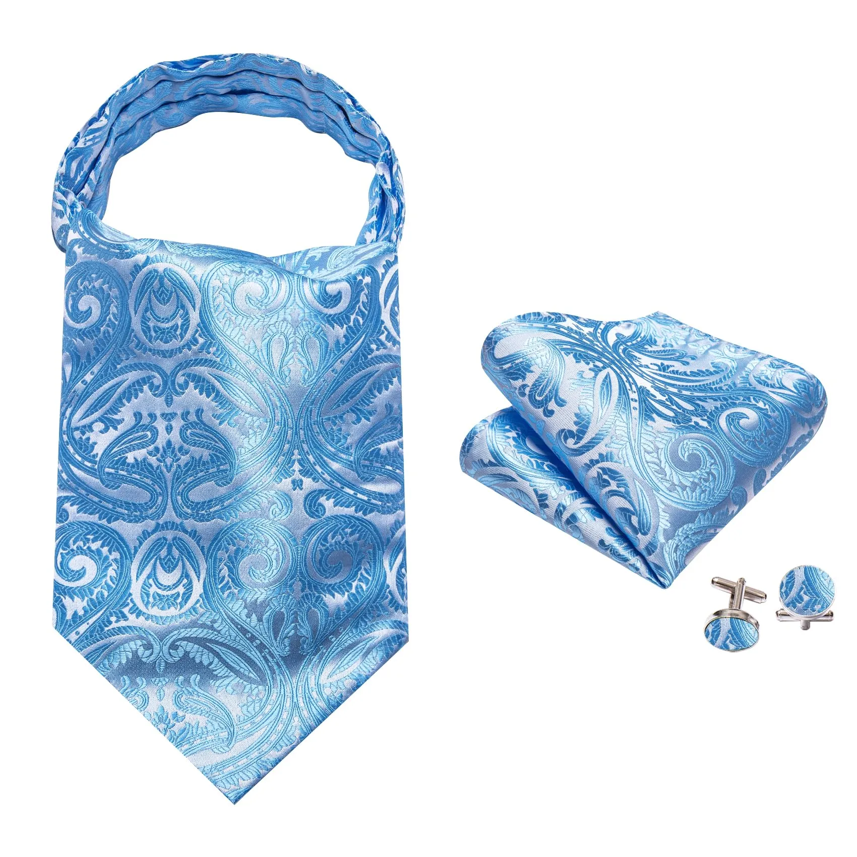 Barry.Wang - Cravatta in seta da uomo, con nodo Ascot e stampa paisley, con fazzoletto da tasca quadrato e gemelli, set per matrimonio e formale, Taglia unica - immagine 3