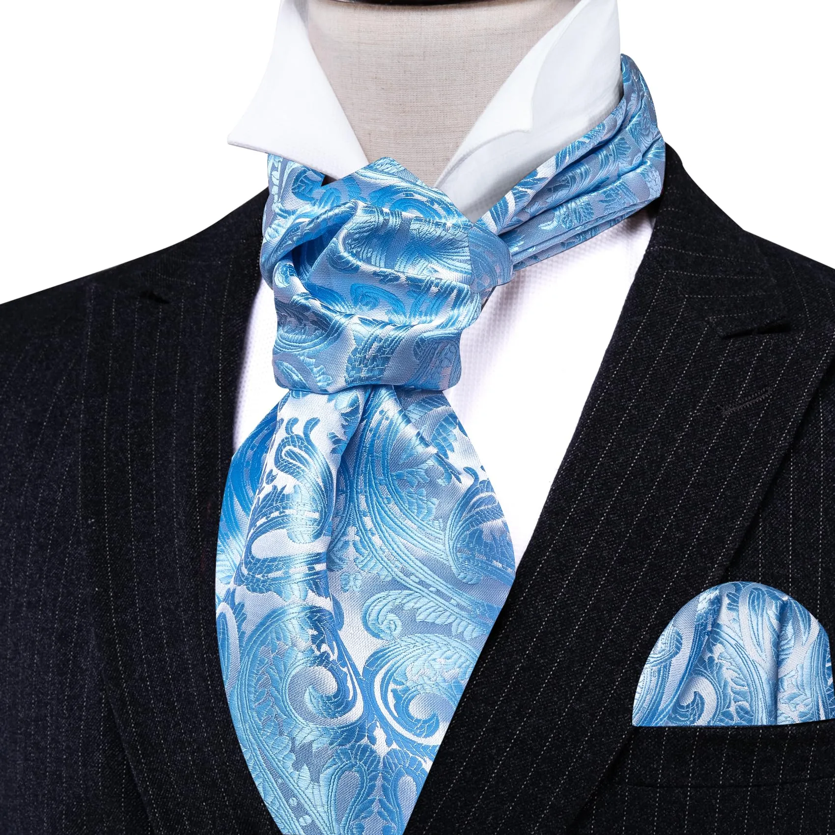 Barry.Wang - Cravatta in seta da uomo, con nodo Ascot e stampa paisley, con fazzoletto da tasca quadrato e gemelli, set per matrimonio e formale, Taglia unica - immagine 4