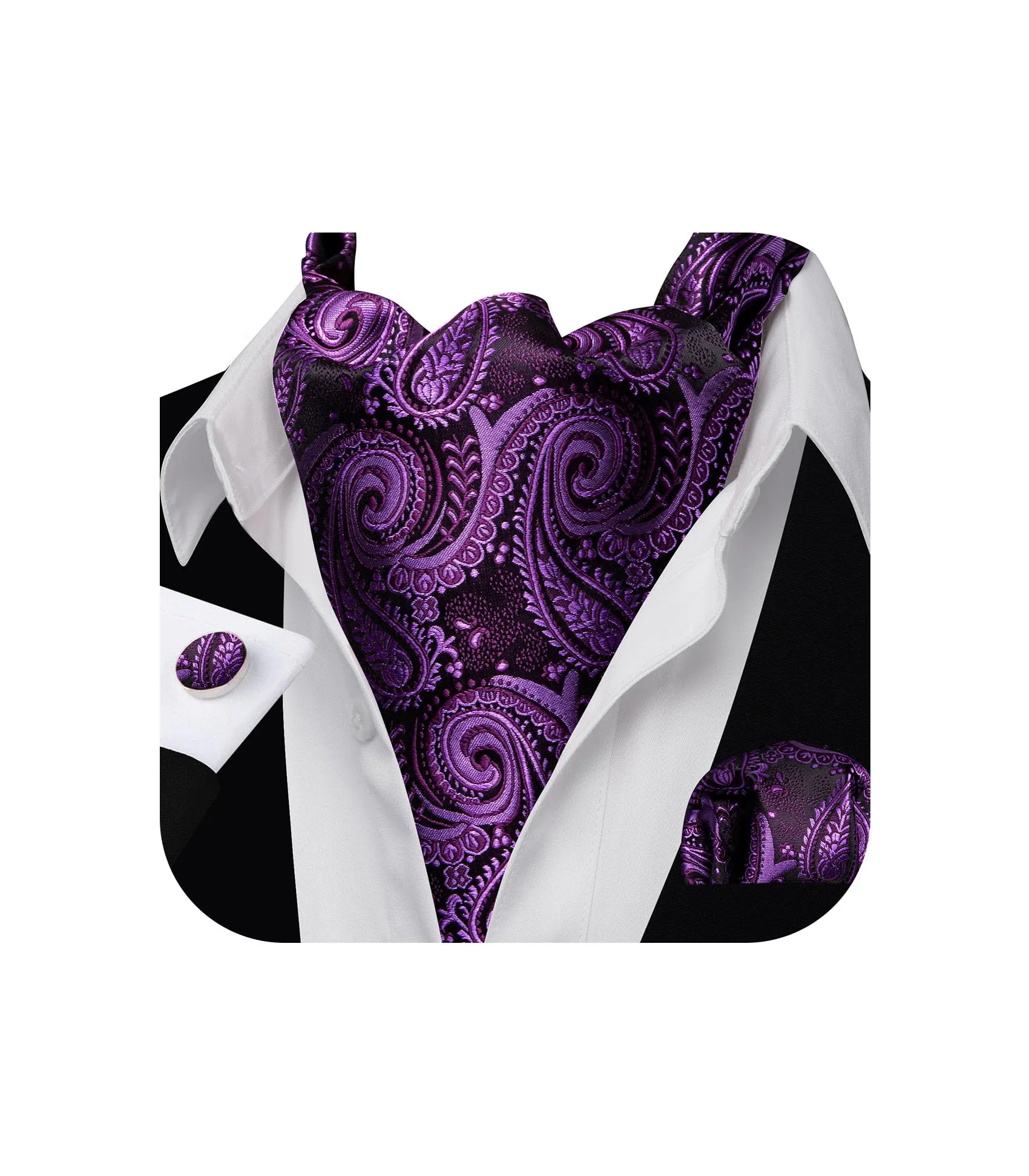 Barry.Wang - Cravatta in seta da uomo, con nodo Ascot e stampa paisley, con fazzoletto da tasca quadrato e gemelli, set per matrimonio e formale, Taglia unica - immagine 1