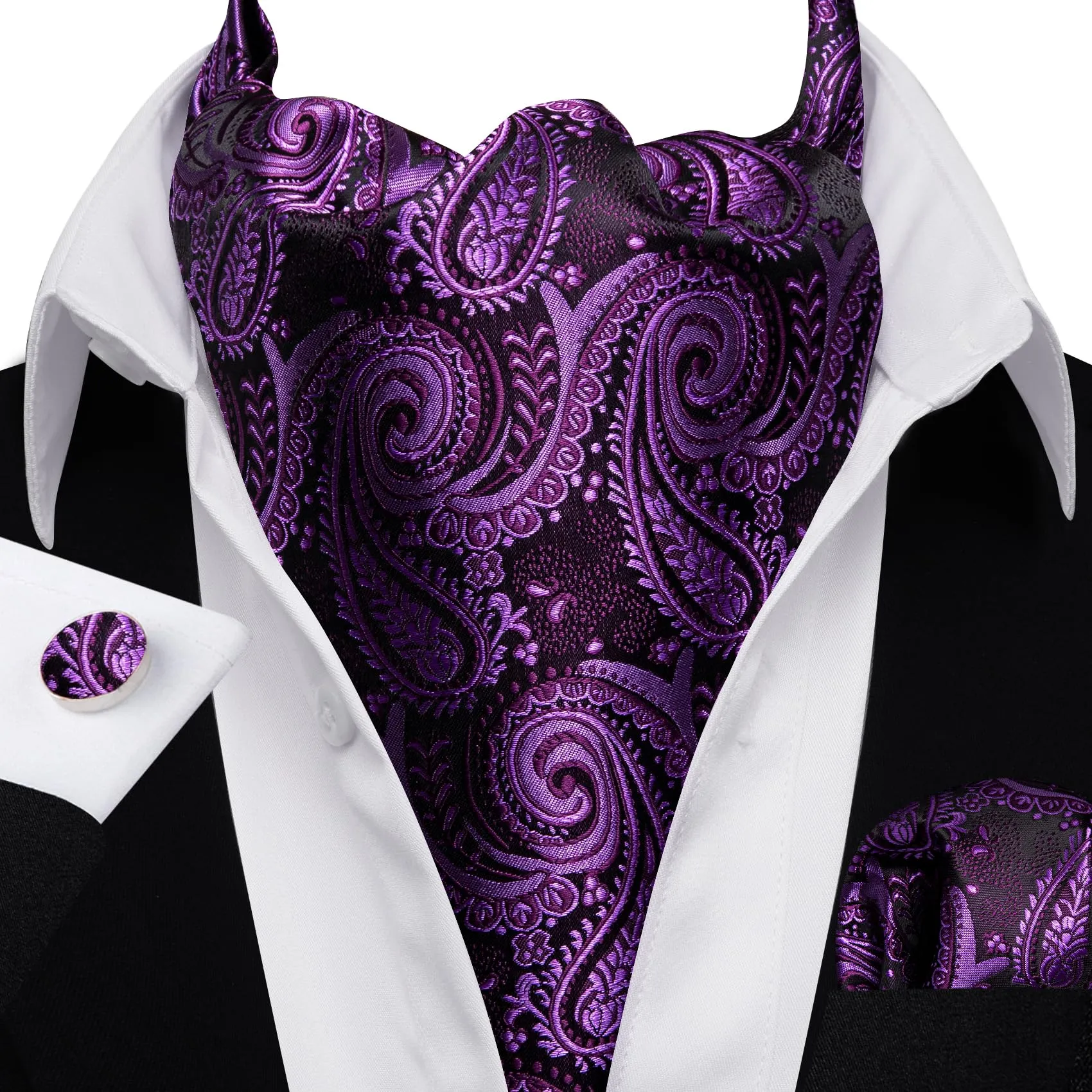 Barry.Wang - Cravatta in seta da uomo, con nodo Ascot e stampa paisley, con fazzoletto da tasca quadrato e gemelli, set per matrimonio e formale, Taglia unica - immagine 2