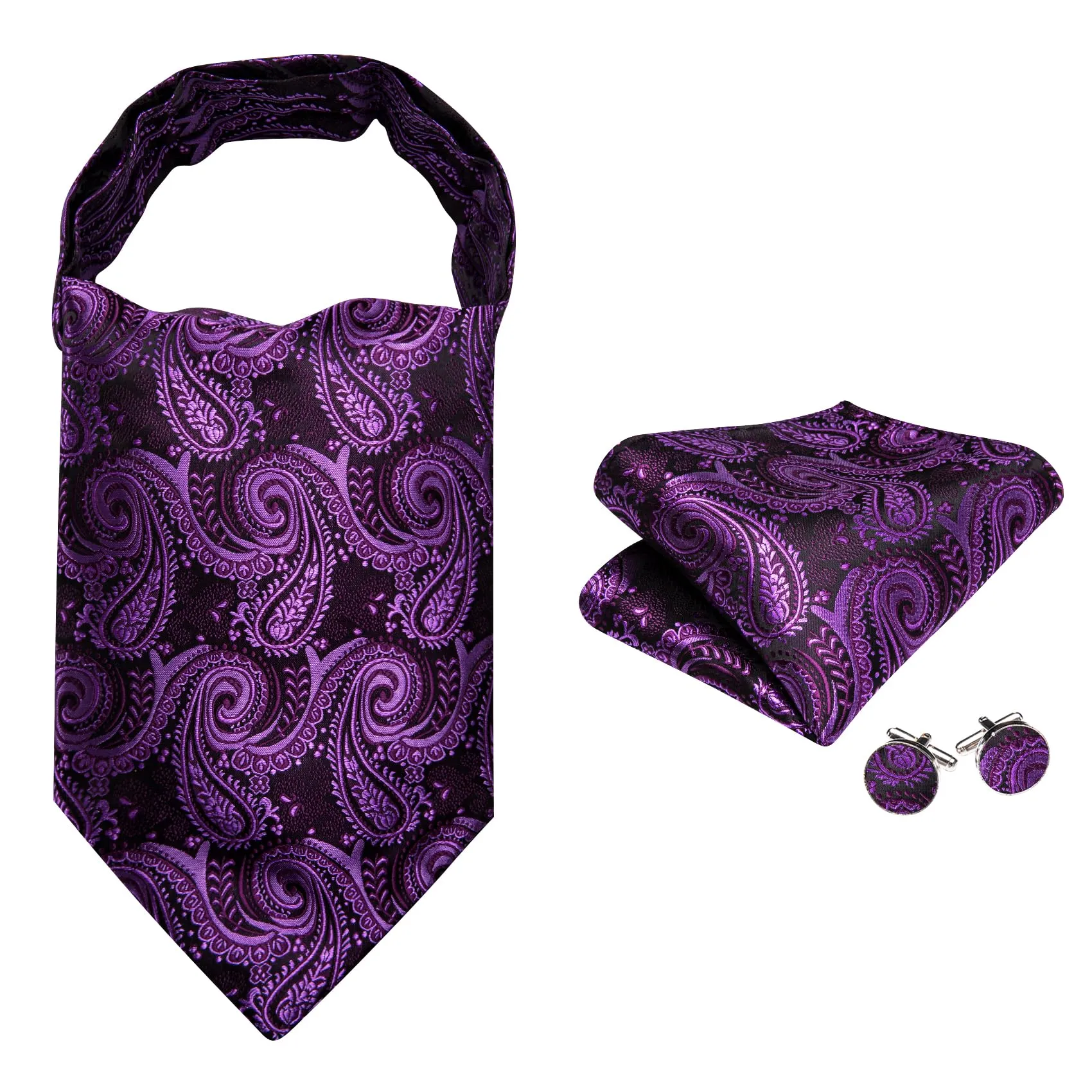 Barry.Wang - Cravatta in seta da uomo, con nodo Ascot e stampa paisley, con fazzoletto da tasca quadrato e gemelli, set per matrimonio e formale, Taglia unica - immagine 4