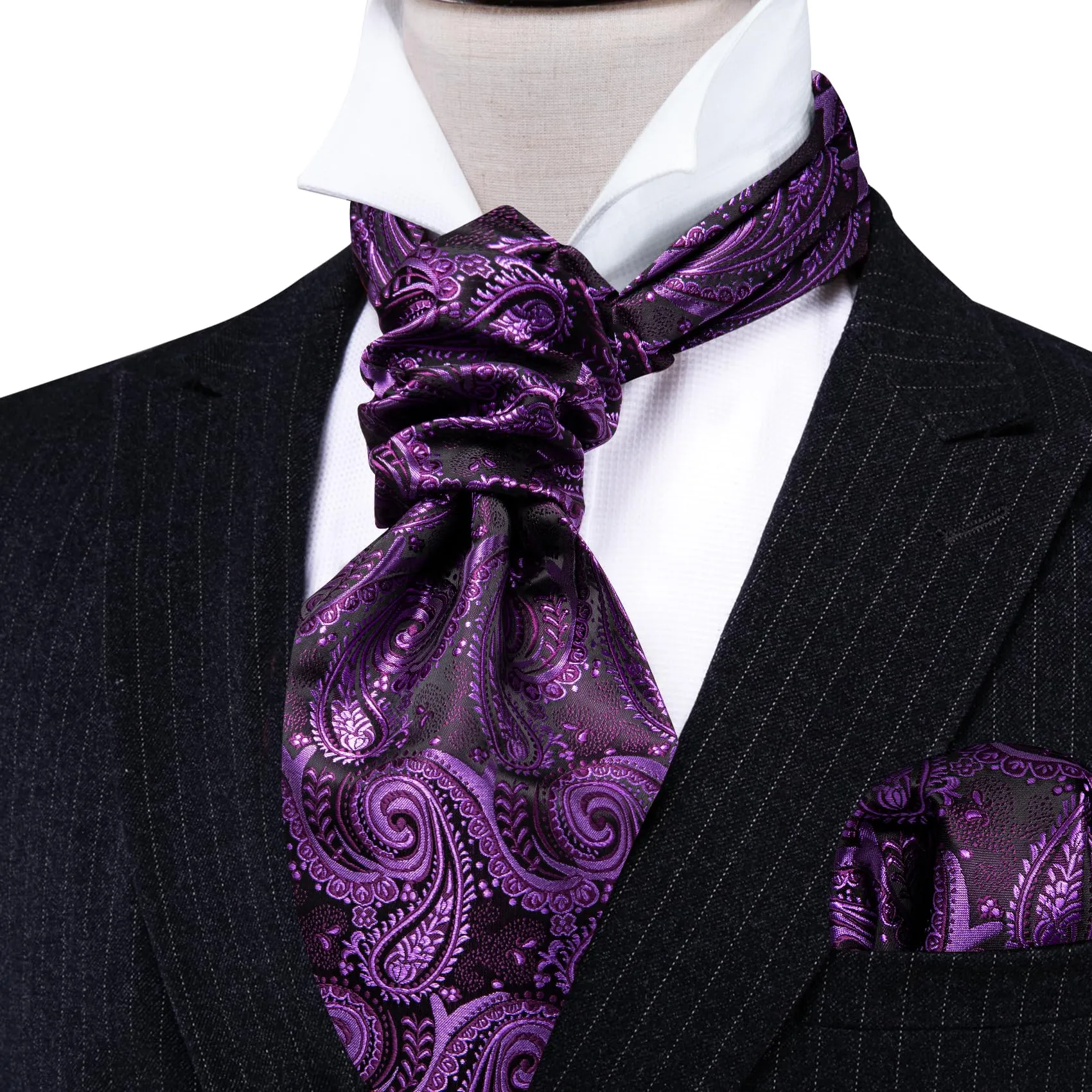 Barry.Wang - Cravatta in seta da uomo, con nodo Ascot e stampa paisley, con fazzoletto da tasca quadrato e gemelli, set per matrimonio e formale, Taglia unica - immagine 5