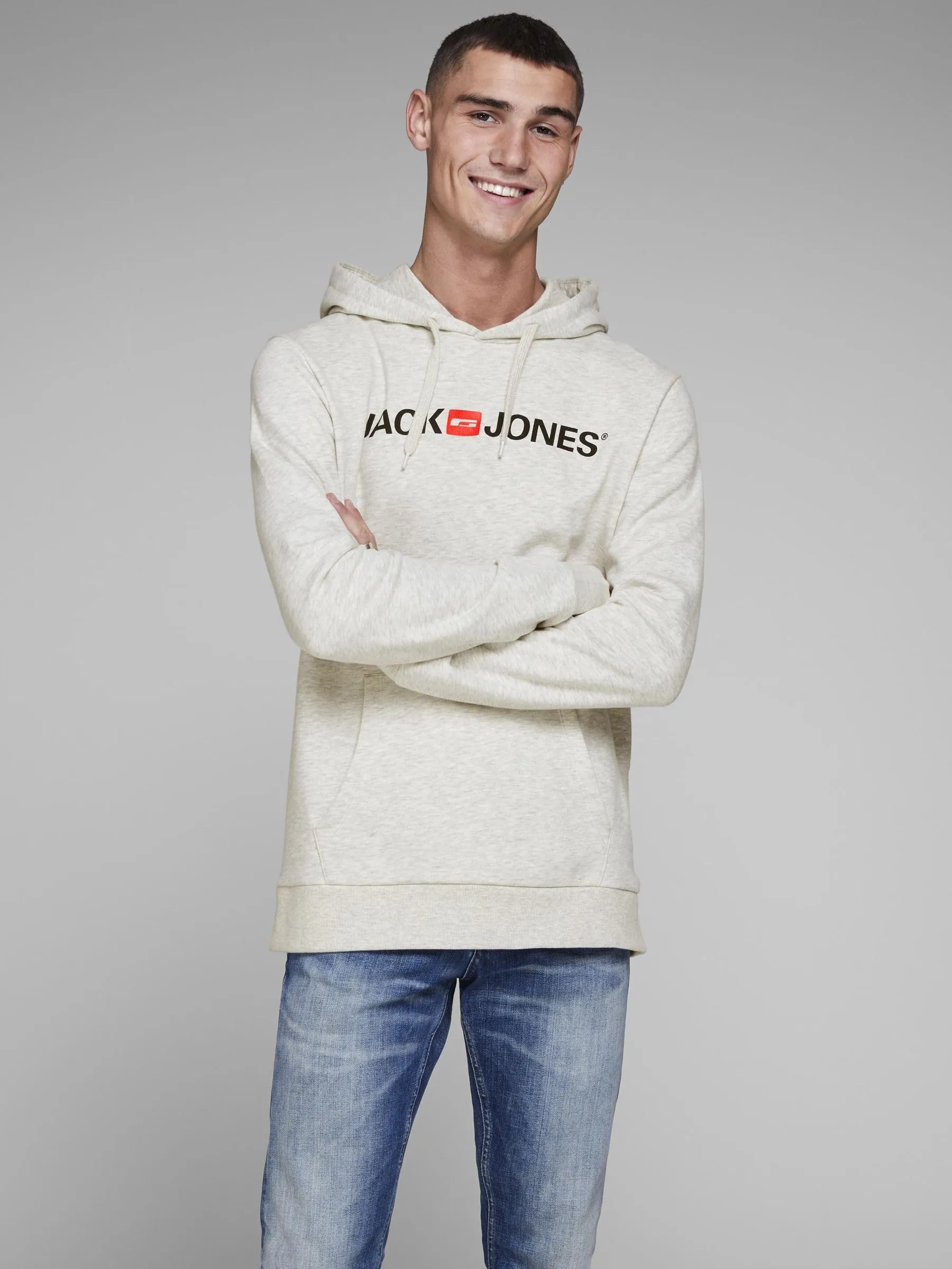 JACK & JONES - Felpa da uomo con cappuccio e logo, Melange bianco, S - immagine 2