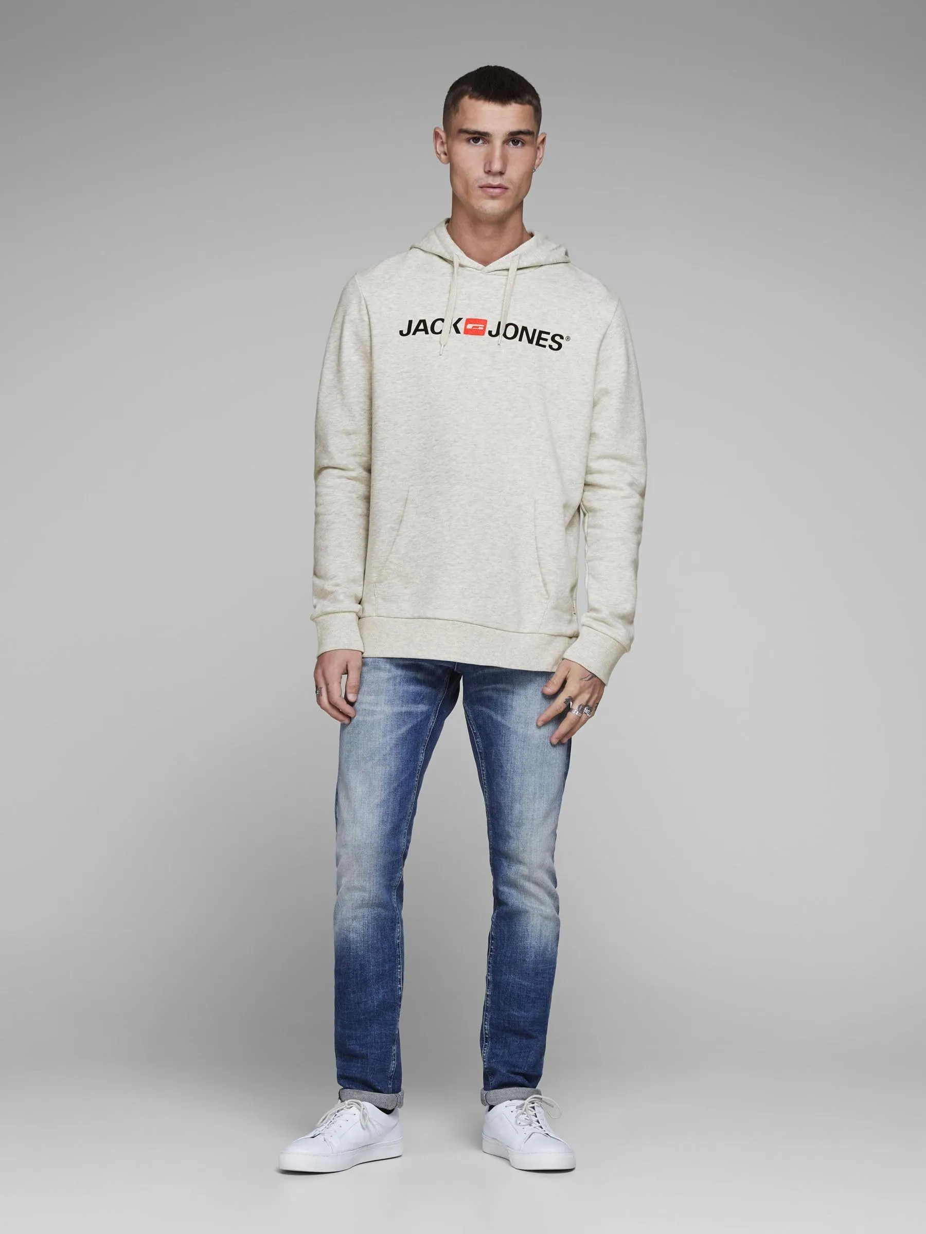 JACK & JONES - Felpa da uomo con cappuccio e logo, Melange bianco, S - immagine 5