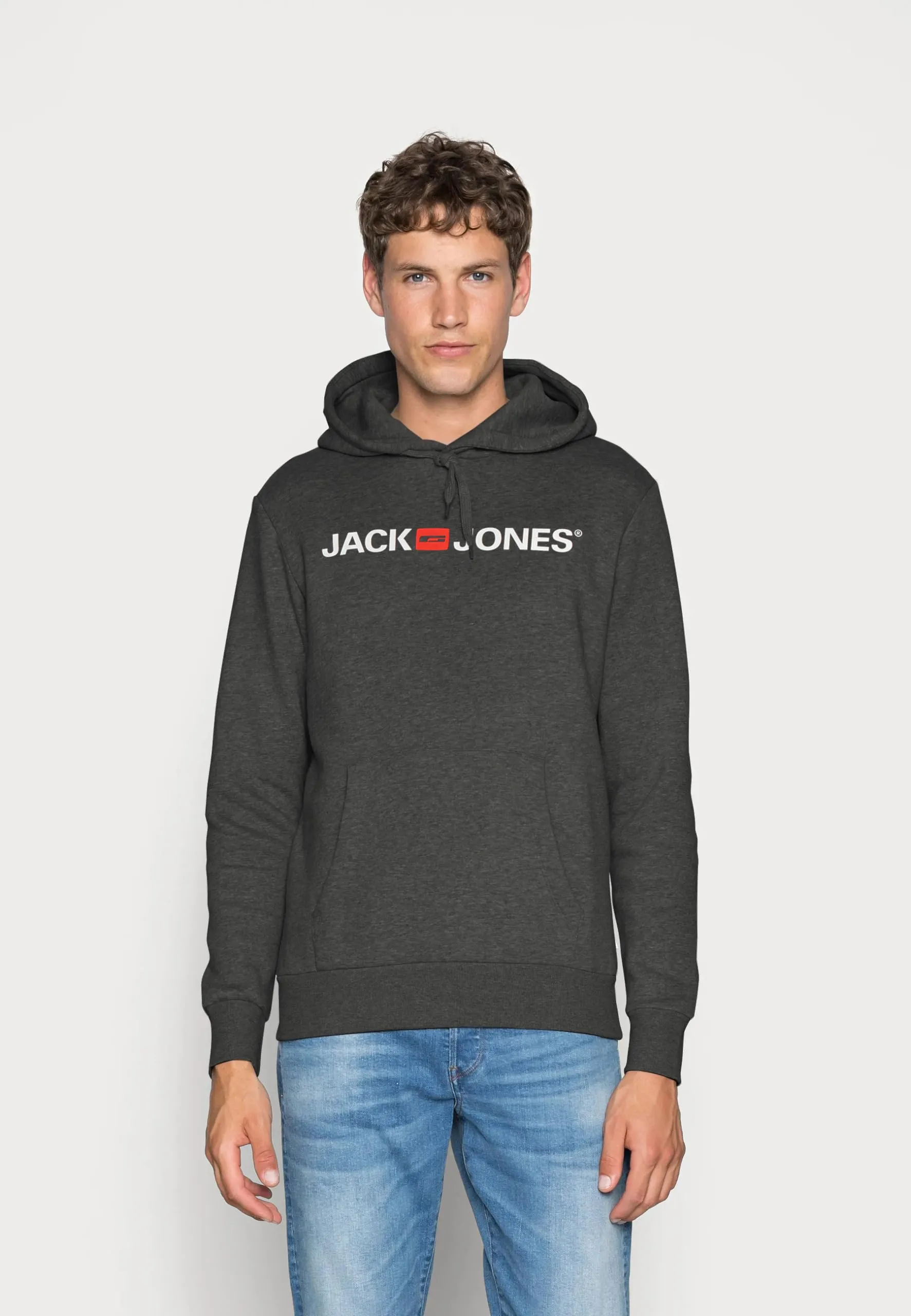 JACK & JONES - Felpa da uomo con cappuccio e logo, Grigio (Dark Grey Melange/Reg Fit - Me)., XS - immagine 2