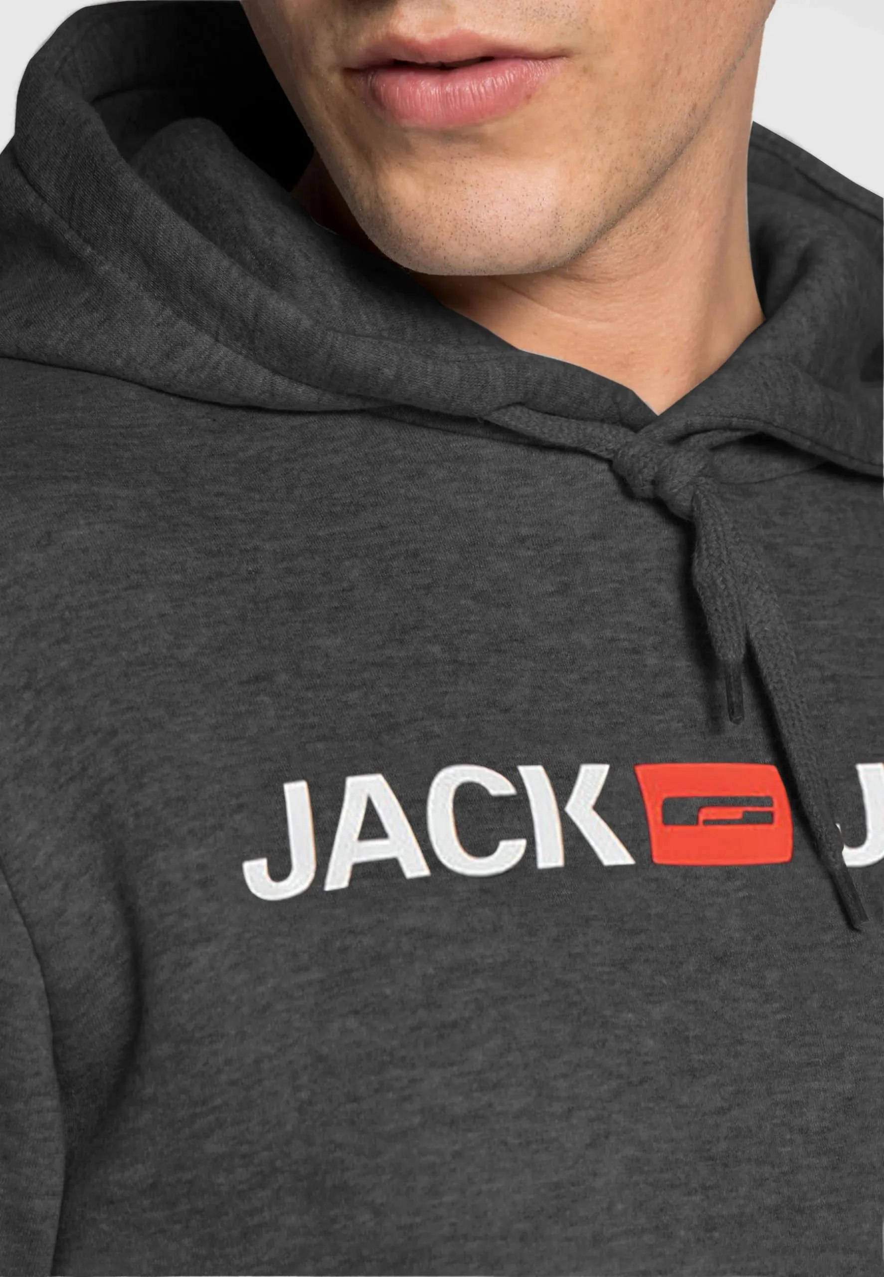 JACK & JONES - Felpa da uomo con cappuccio e logo, Grigio (Dark Grey Melange/Reg Fit - Me)., XS - immagine 4