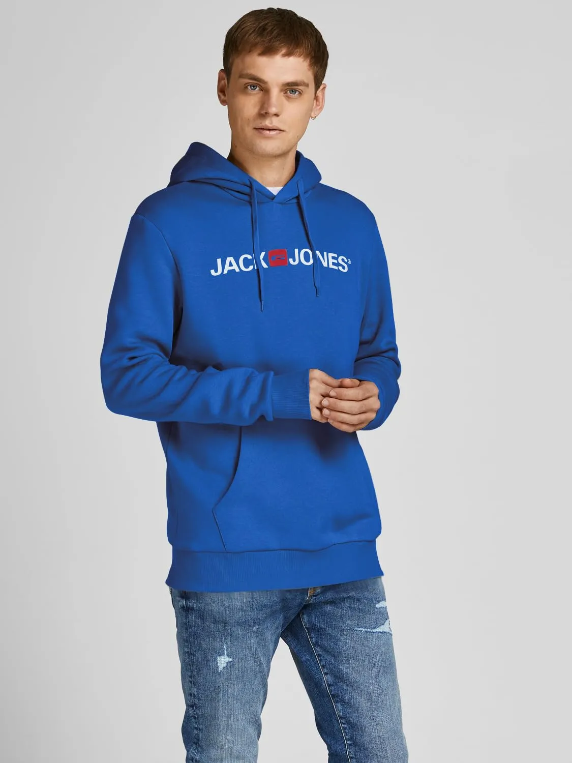 JACK & JONES - Felpa da uomo con cappuccio e logo, Blu (Classic Blue/Reg Fit), XS - immagine 2