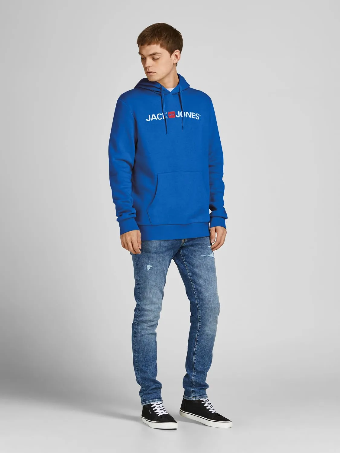 JACK & JONES - Felpa da uomo con cappuccio e logo, Blu (Classic Blue/Reg Fit), S - immagine 3
