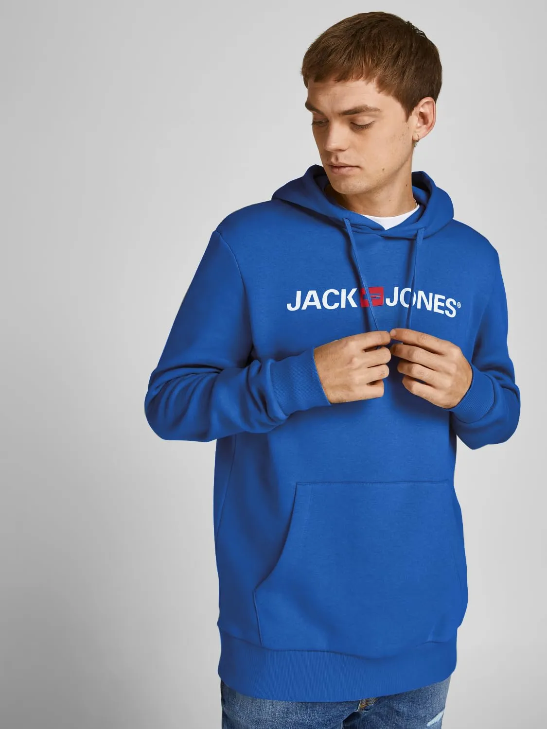 JACK & JONES - Felpa da uomo con cappuccio e logo, Blu (Classic Blue/Reg Fit), S - immagine 4