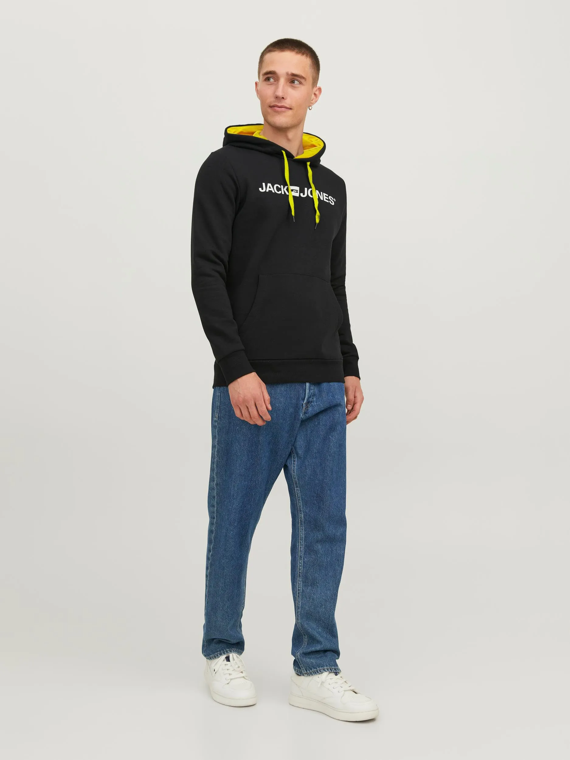 JACK & JONES Felpa con Cappuccio con Logo Male, Nero (Safety Yellow/Reg Fit), S (EU) Uomo - immagine 2