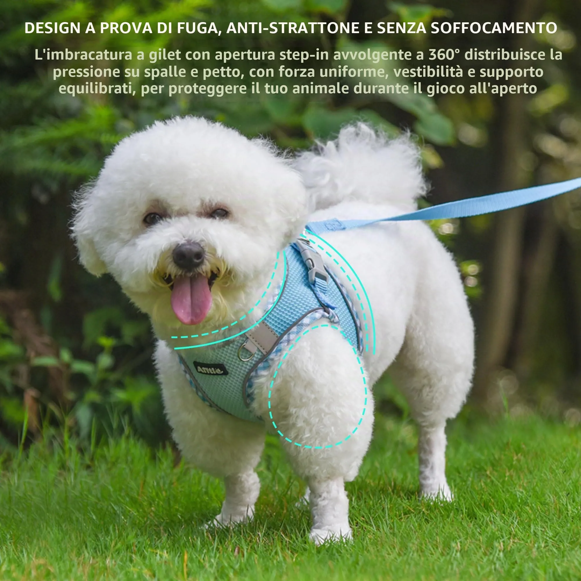 AIITLE Pettorina per cani anti-fuga, gilet anti-tiro con guinzaglio, strisce riflettenti, imbracature regolabili per animali domestici all'aperto per cani di taglia media, Blu S - immagine 9