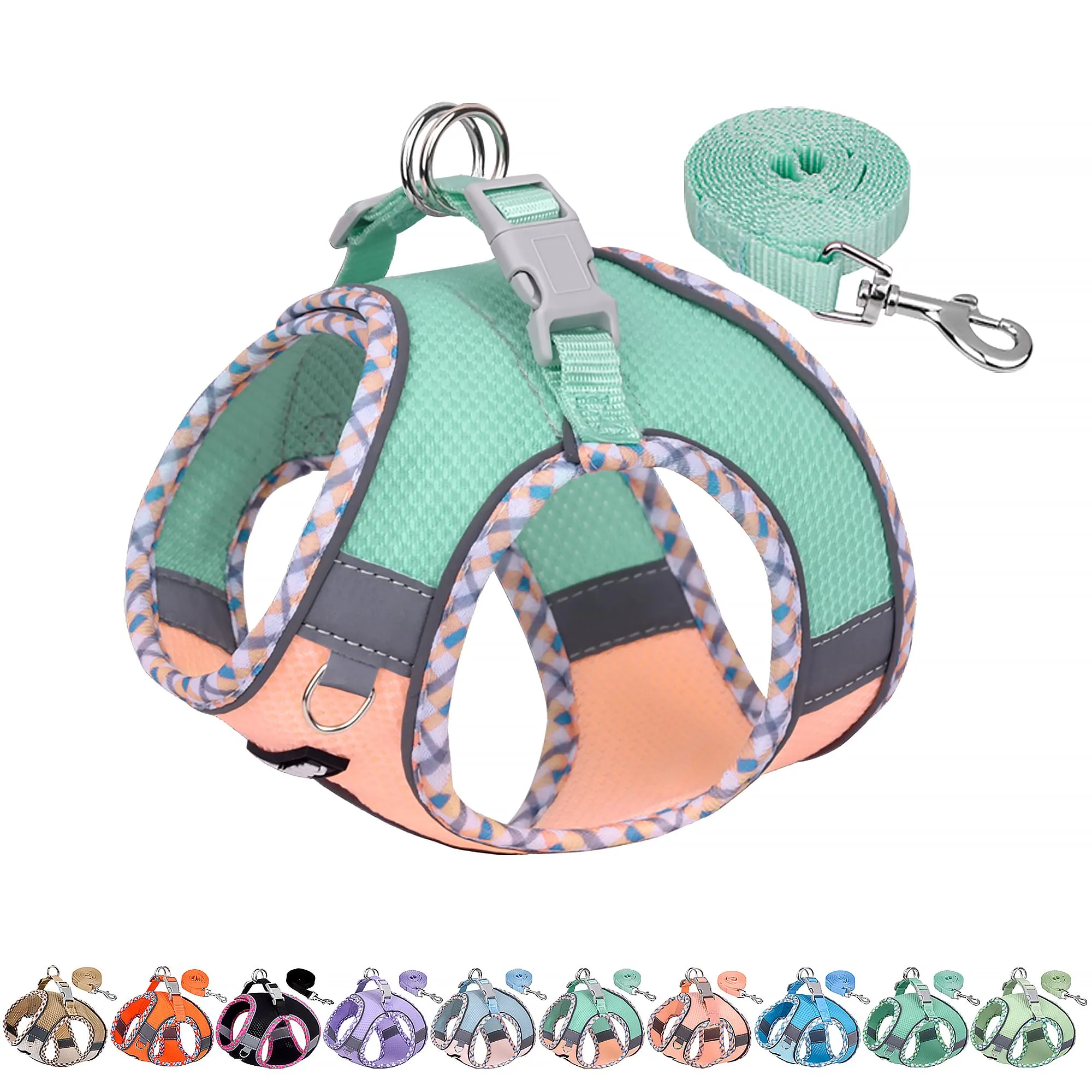 AIITLE Pettorina per cani anti-fuga, gilet anti-tiro con guinzaglio, strisce riflettenti, imbracature regolabili per animali domestici all'aperto per cani di taglia media, Turchese-Rosa XXS - immagine 1