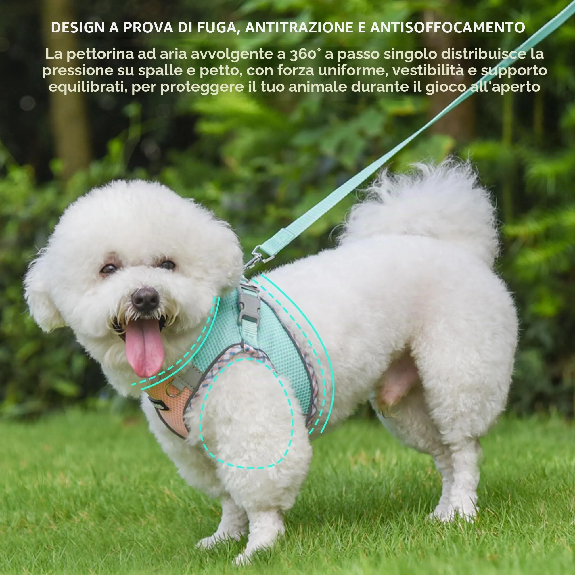 AIITLE Pettorina per cani anti-fuga, gilet anti-tiro con guinzaglio, strisce riflettenti, imbracature regolabili per animali domestici all'aperto per cani di taglia media, Turchese-Rosa XXS - immagine 4