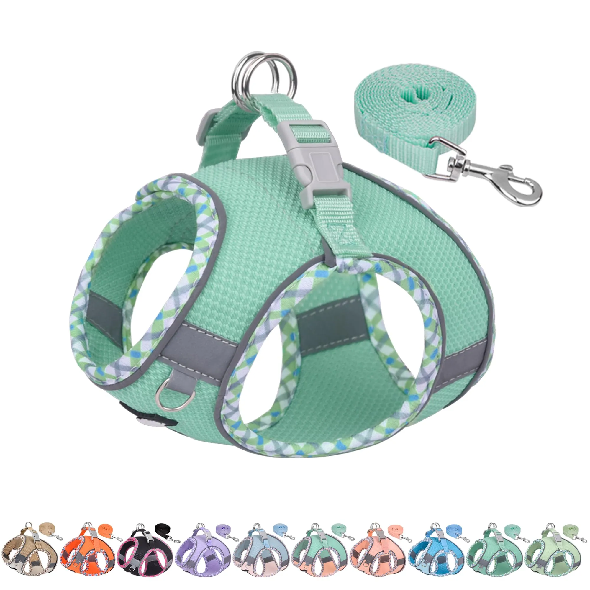 AIITLE Pettorina per cani anti-fuga, gilet anti-tiro con guinzaglio, strisce riflettenti, imbracature regolabili per animali domestici all'aperto per cani di taglia media, Turchese XXXS - immagine 1