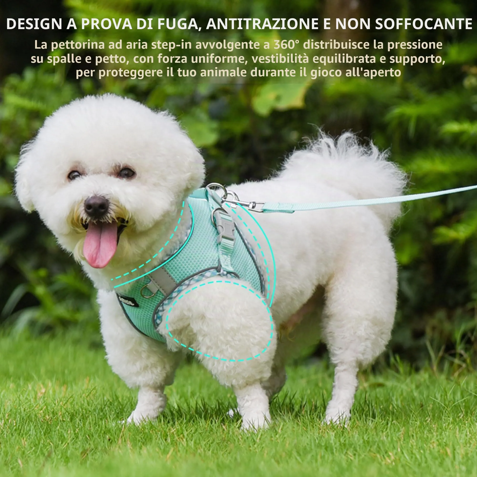 AIITLE Pettorina per cani anti-fuga, gilet anti-tiro con guinzaglio, strisce riflettenti, imbracature regolabili per animali domestici all'aperto per cani di taglia media, Turchese XXXS - immagine 4