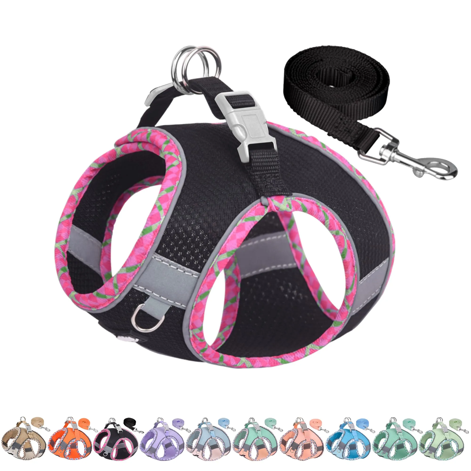 AIITLE Pettorina per cani anti-fuga, gilet anti-tiro con guinzaglio, strisce riflettenti, imbracature regolabili per animali domestici all'aperto per cani di taglia media, Nero XXXS - immagine 1