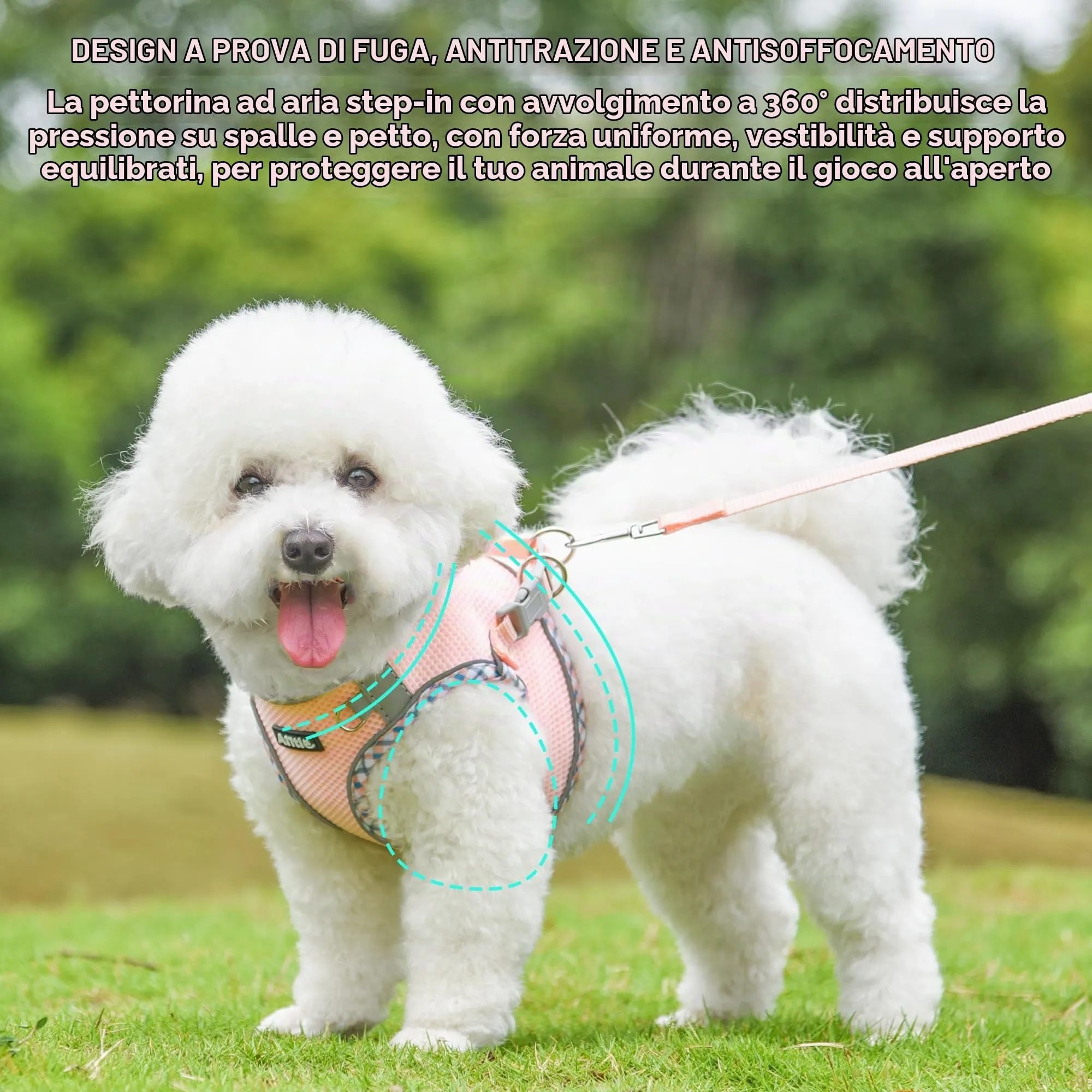 AIITLE Pettorina per cani anti-fuga, gilet anti-tiro con guinzaglio, strisce riflettenti, imbracature regolabili per animali domestici all'aperto per cani di taglia media, Rosa XXXS - immagine 4