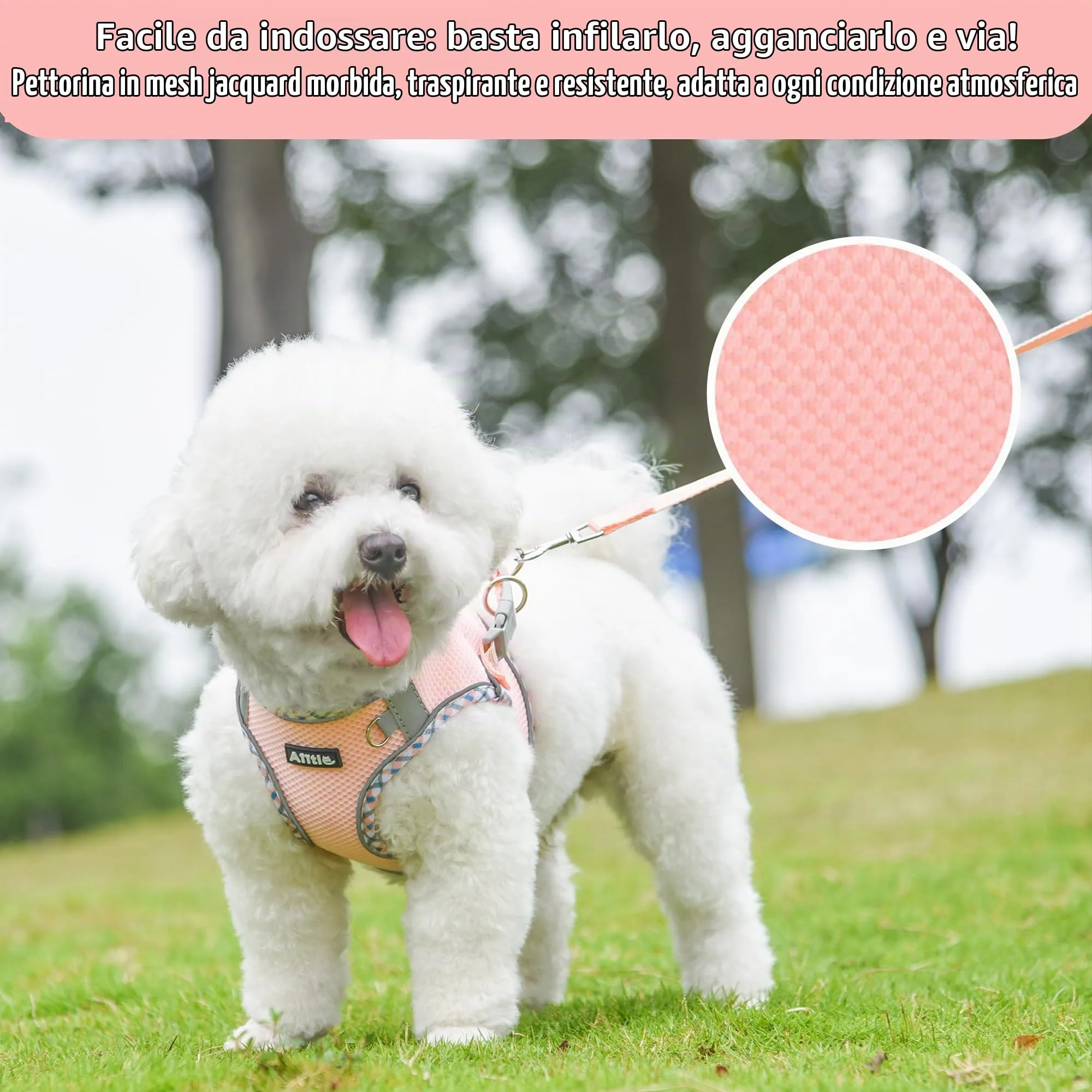 AIITLE Pettorina per cani anti-fuga, gilet anti-tiro con guinzaglio, strisce riflettenti, imbracature regolabili per animali domestici all'aperto per cani di taglia media, Rosa M - immagine 5