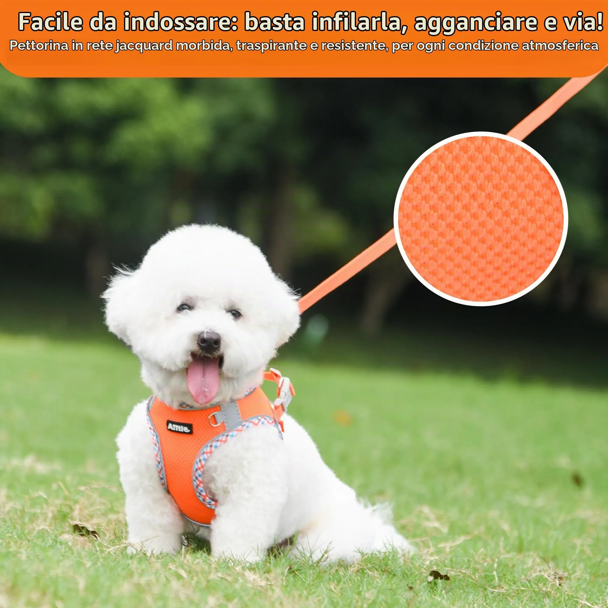 AIITLE Pettorina per cani anti-fuga, gilet anti-tiro con guinzaglio, strisce riflettenti, imbracature regolabili per animali domestici all'aperto per cani di taglia media, Arancia XXS - immagine 6