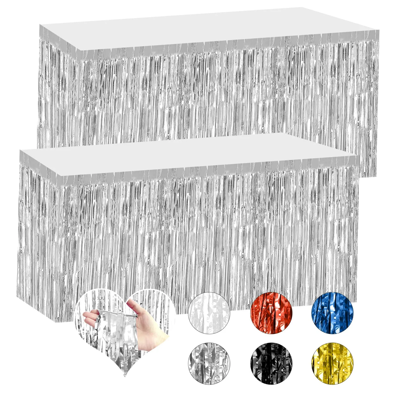 Bouiexye Confezione da 2 gonne da tavolo con frange in lamina argentata, 75 x 274 cm, usa e getta, per tavoli rettangolari, tende, sfondo, parata, carri, matrimoni, baby shower, compleanni - immagine 1