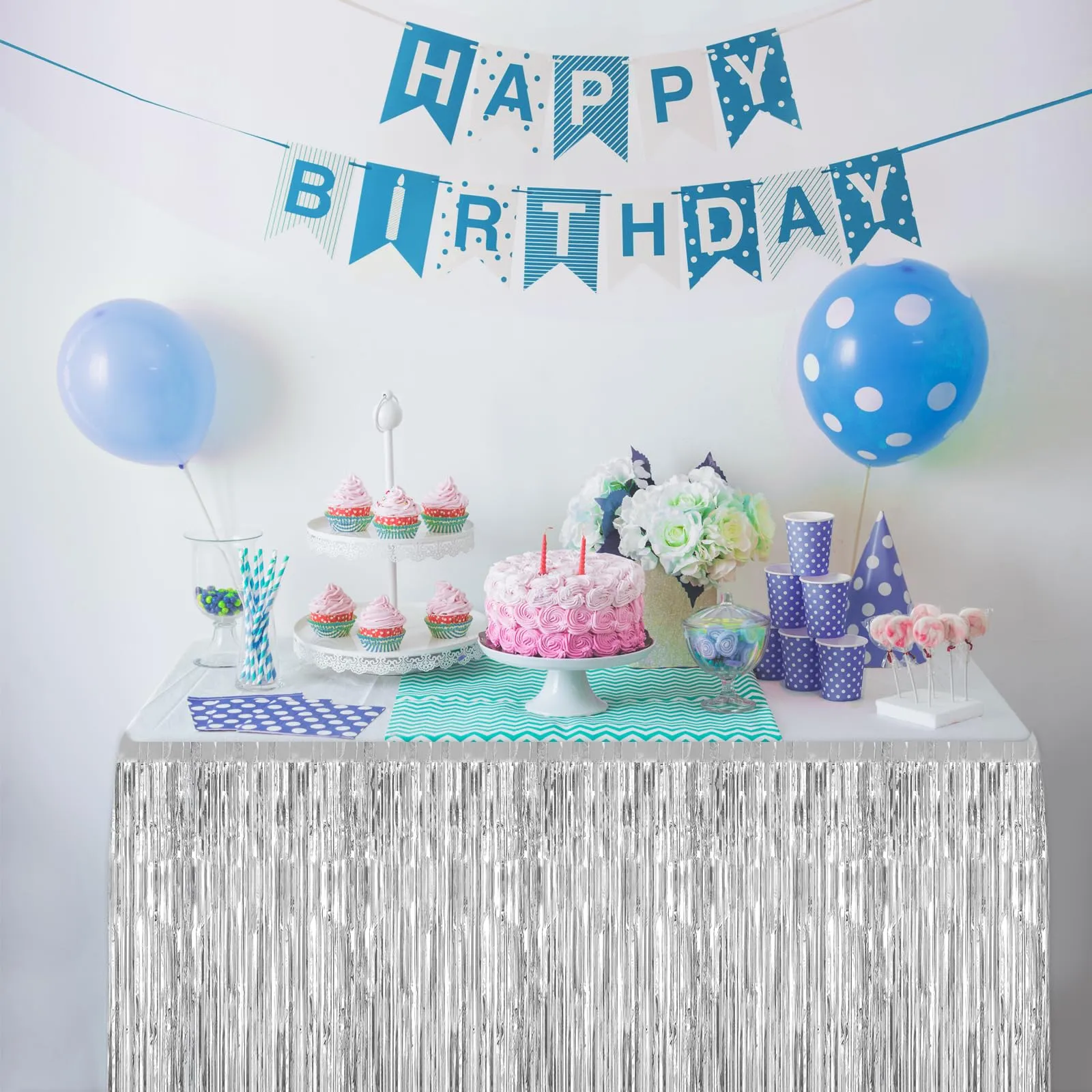 Bouiexye Confezione da 2 gonne da tavolo con frange in lamina argentata, 75 x 274 cm, usa e getta, per tavoli rettangolari, tende, sfondo, parata, carri, matrimoni, baby shower, compleanni - immagine 5
