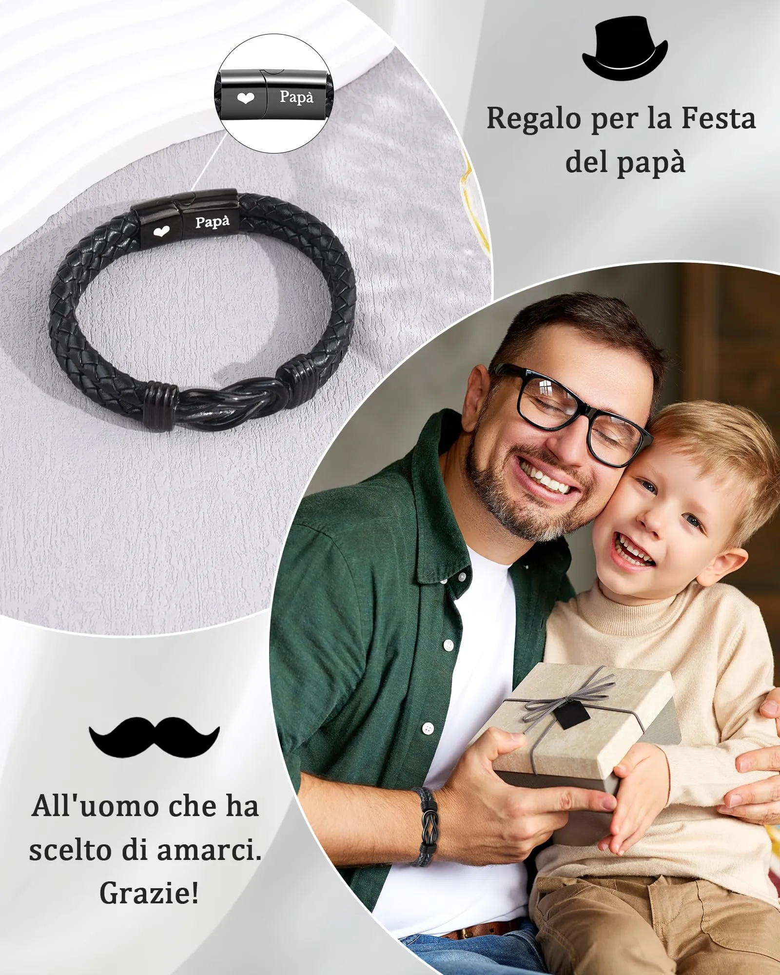 SUNSH Regalo Festa Del Papà Patrigno- Regali di 30 40 50 60 Anni Compleanno Papa - Bracciale Padre Bonus Papa Uomo - Idee Regalo Festa Del Papà Natale San Valentino - immagine 2
