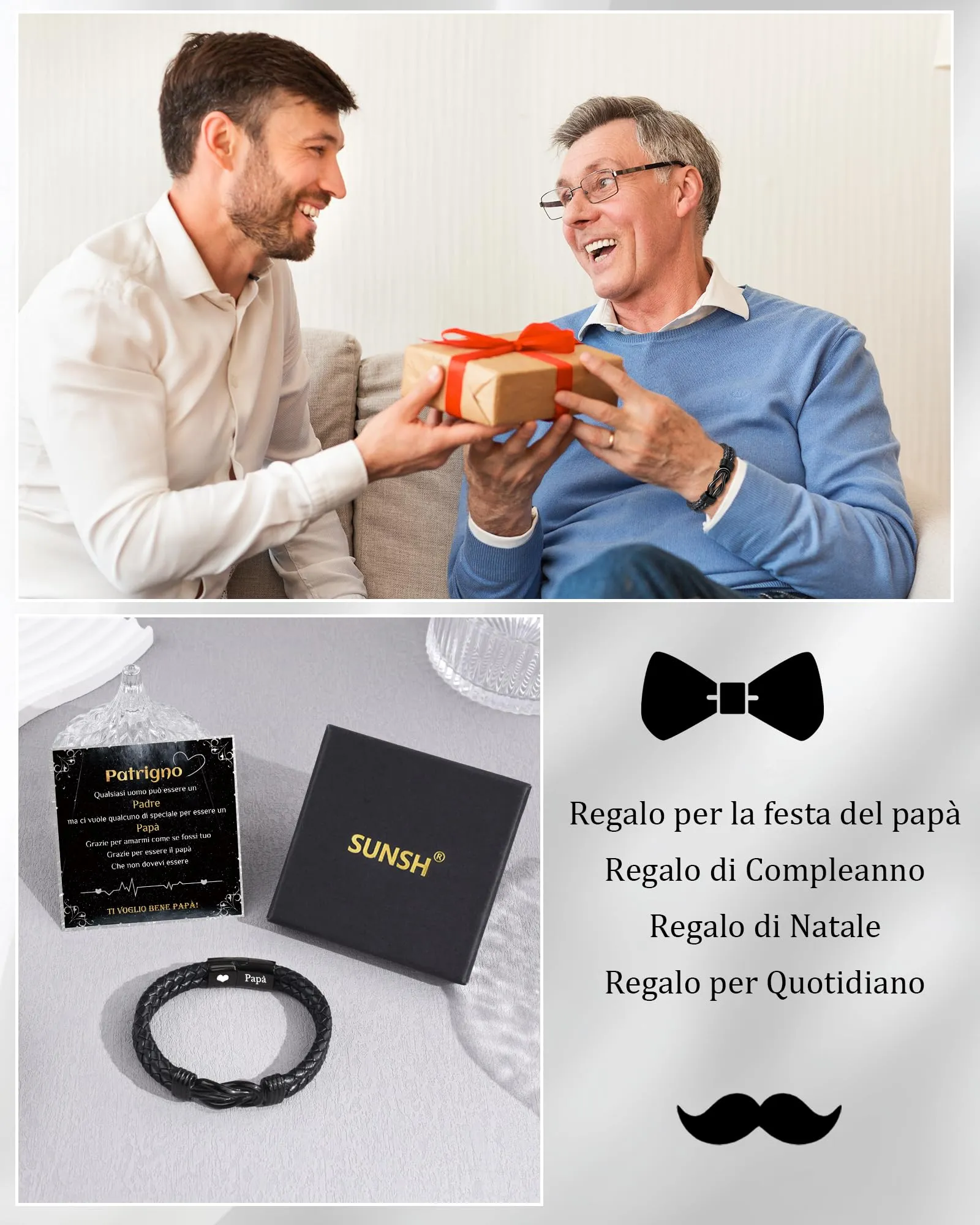 SUNSH Regalo Festa Del Papà Patrigno- Regali di 30 40 50 60 Anni Compleanno Papa - Bracciale Padre Bonus Papa Uomo - Idee Regalo Festa Del Papà Natale San Valentino - immagine 5