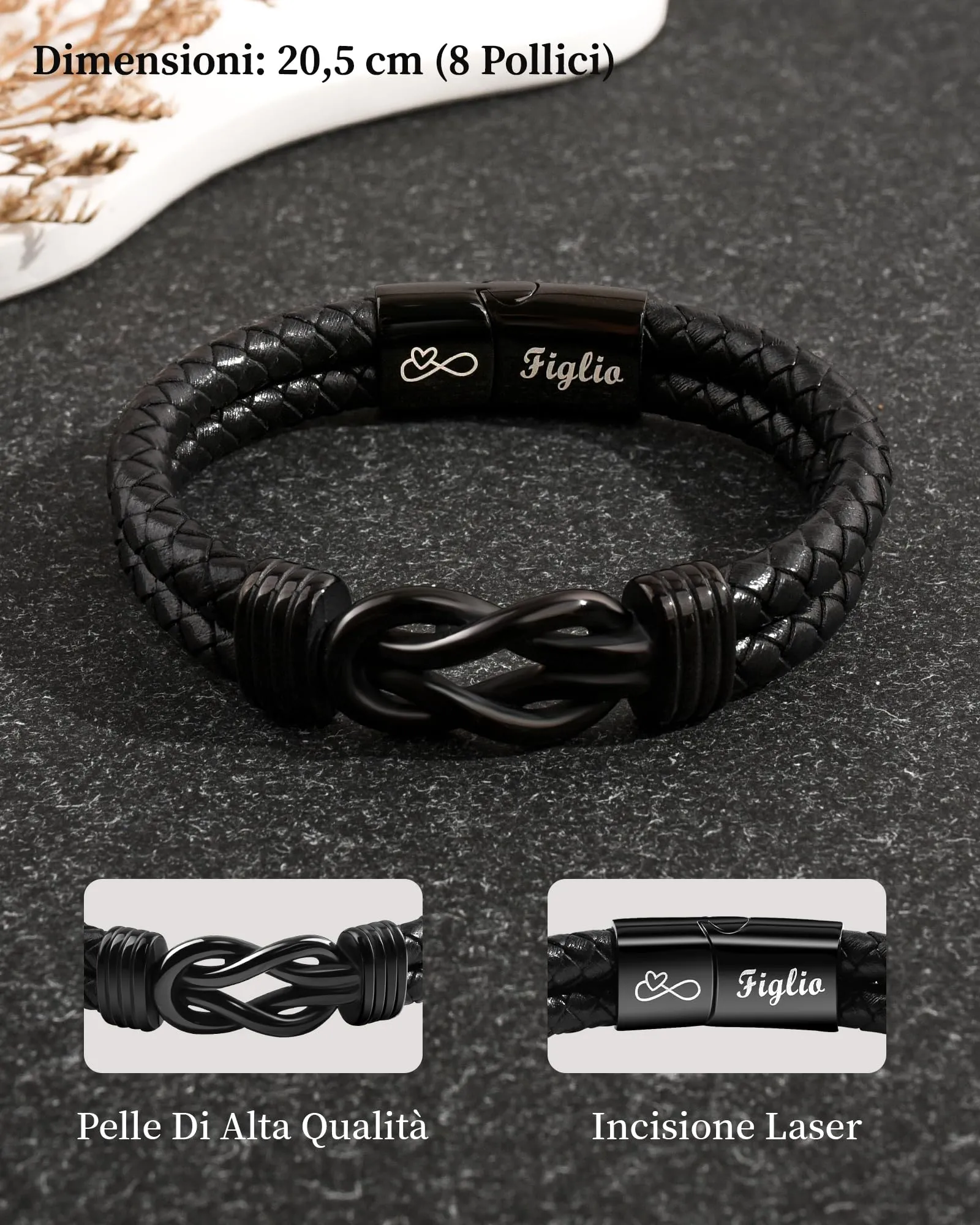 SUNSH Regalo per Figlio, Bracciale Figlio, Bracciale in Pelle per Ragazzo, Regali D'amore per Figli, Regalo per Figli/Uomo, Natale, Compleanni, Laurea, Scuola-20,5 cm - immagine 4