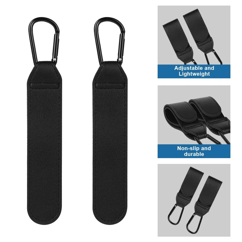 URAQT Ganci Passeggino 2 Pezzi, Nero Ganci per Passeggino Gancio per borsa della spesa, Gancio Passeggino Universale Sicuri Resistenti, Passeggino Accessori in Pelle, Antiscivol, Fino a 5 kg - immagine 2