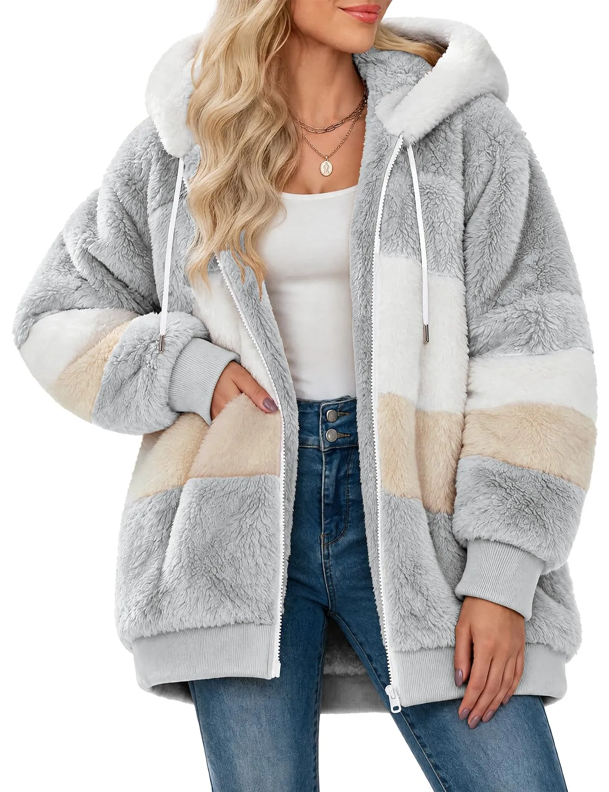 CMTOP Felpa Donna con Cappuccio Caldo Felpa in Pile Teddy Autunno Invernali Cappotto Patchwork Peluche Felpa Donna con Zip Outwear Casual Hoodie Giacca con 2 Tasche(Grigio, XL) - immagine 1