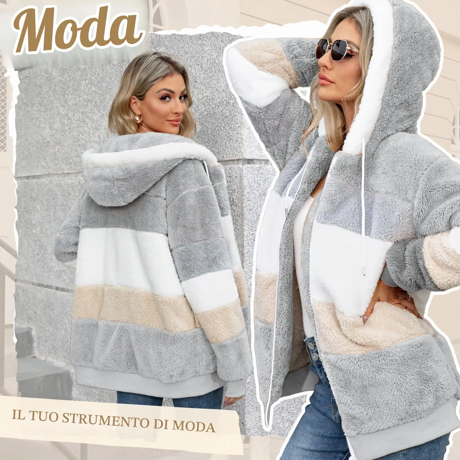 CMTOP Felpa Donna con Cappuccio Caldo Felpa in Pile Teddy Autunno Invernali Cappotto Patchwork Peluche Felpa Donna con Zip Outwear Casual Hoodie Giacca con 2 Tasche(Grigio, XL) - immagine 3