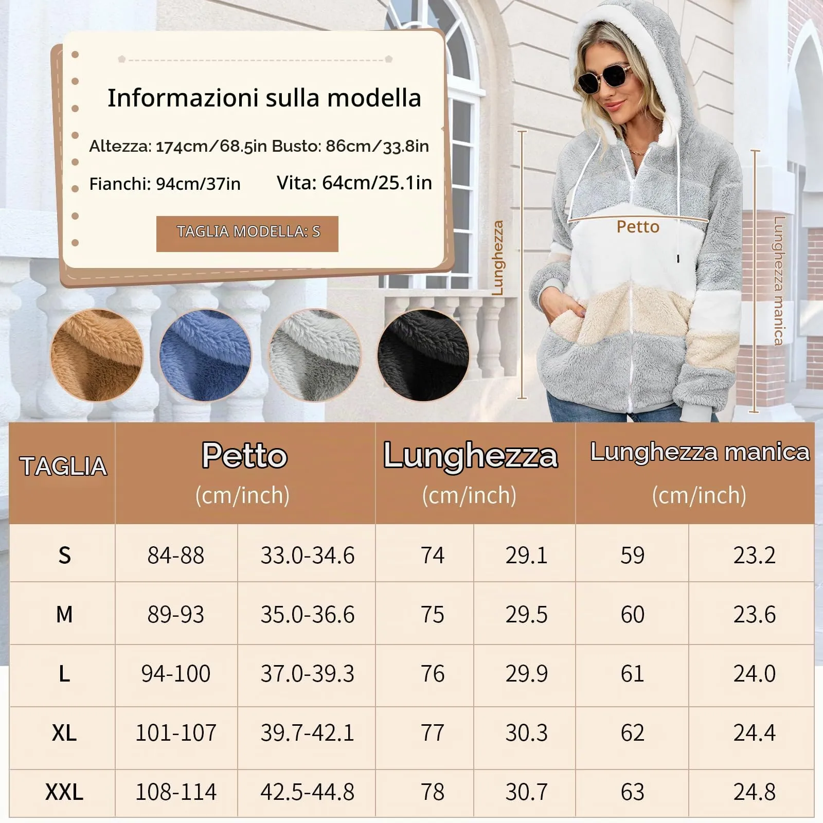 CMTOP Felpa Donna con Cappuccio Caldo Felpa in Pile Teddy Autunno Invernali Cappotto Patchwork Peluche Felpa Donna con Zip Outwear Casual Hoodie Giacca con 2 Tasche(Grigio, XL) - immagine 5