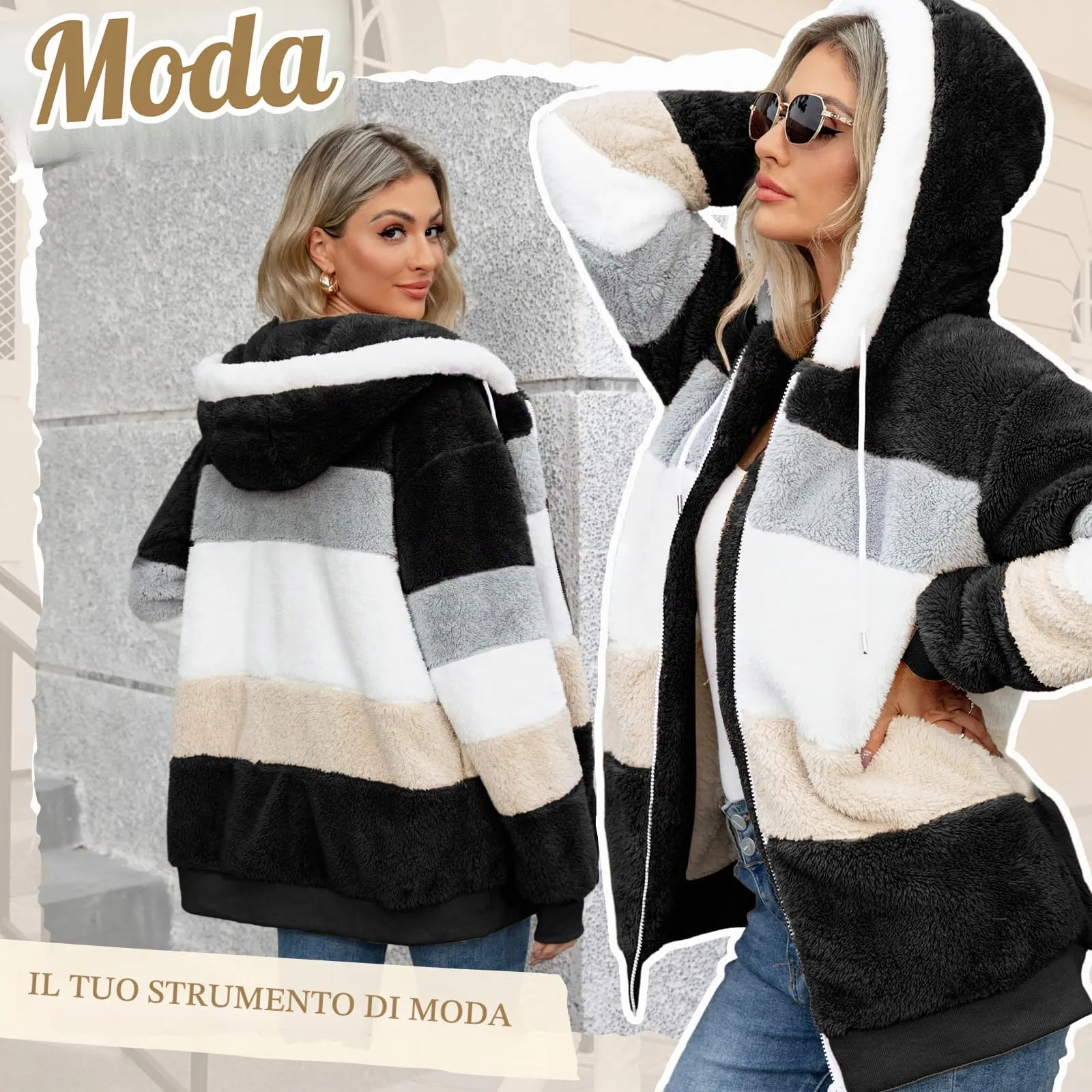CMTOP Felpa Donna con Cappuccio Caldo Felpa in Pile Teddy Autunno Invernali Cappotto Patchwork Peluche Felpa Donna con Zip Outwear Casual Hoodie Giacca con 2 Tasche(Nero, S) - immagine 3