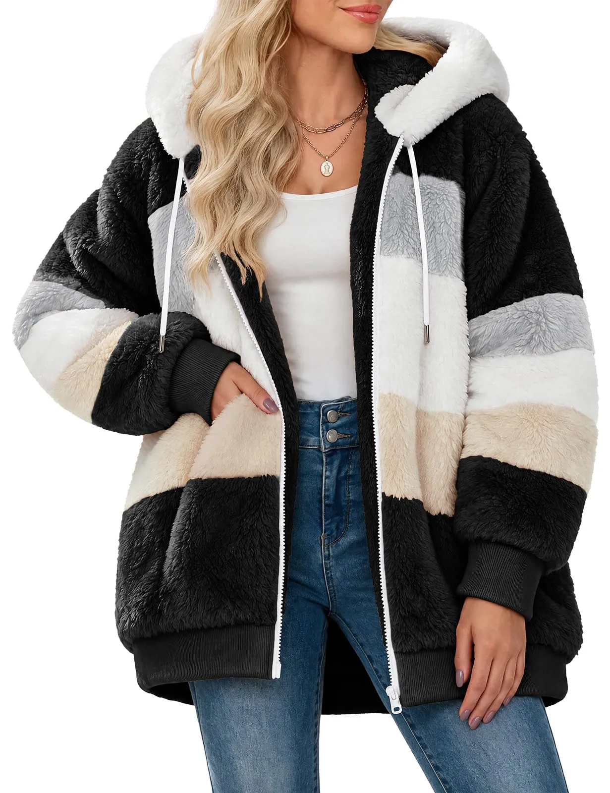 CMTOP Felpa Donna con Cappuccio Caldo Felpa in Pile Teddy Autunno Invernali Cappotto Patchwork Peluche Felpa Donna con Zip Outwear Casual Hoodie Giacca con 2 Tasche(Nero, XL) - immagine 1