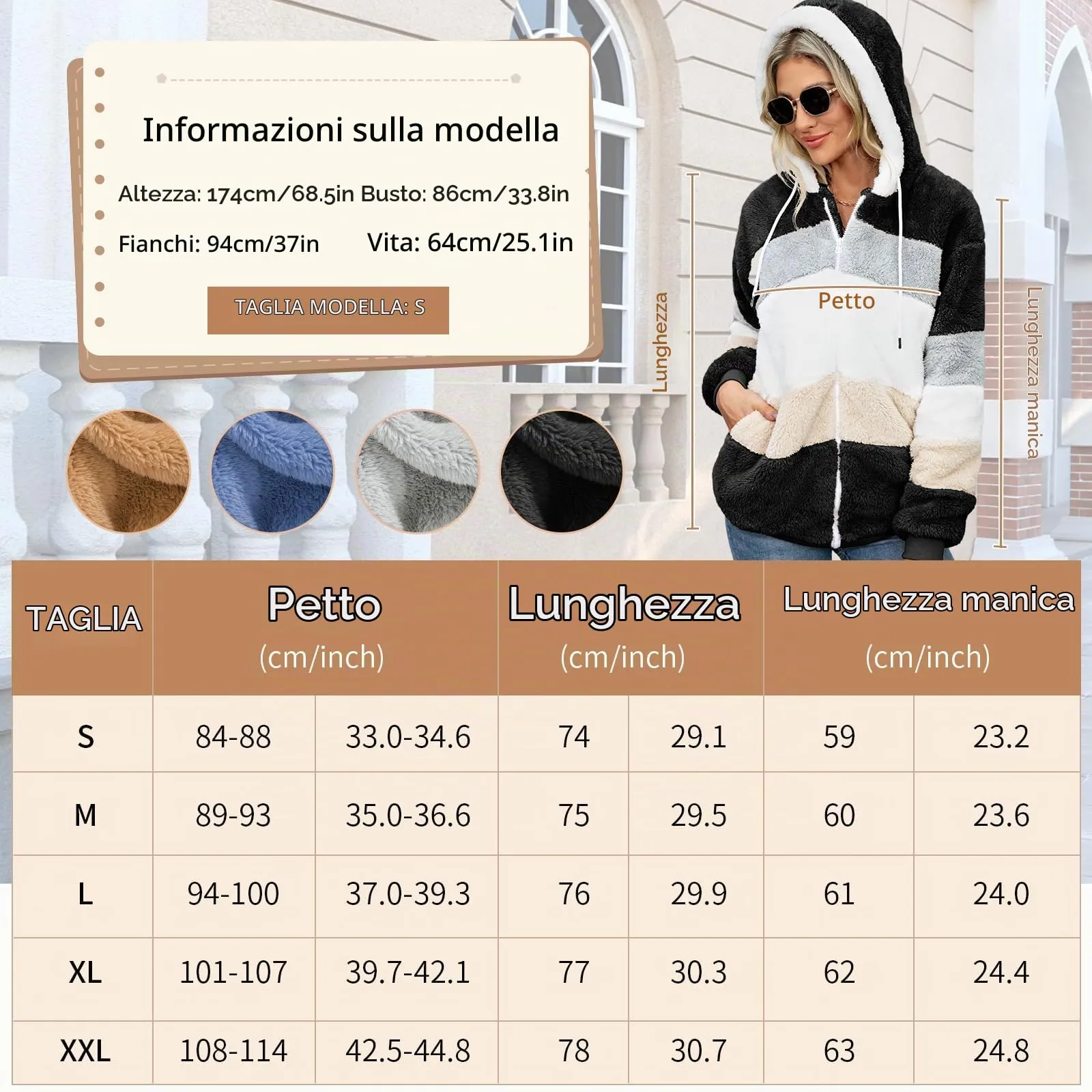 CMTOP Felpa Donna con Cappuccio Caldo Felpa in Pile Teddy Autunno Invernali Cappotto Patchwork Peluche Felpa Donna con Zip Outwear Casual Hoodie Giacca con 2 Tasche(Nero, XL) - immagine 5