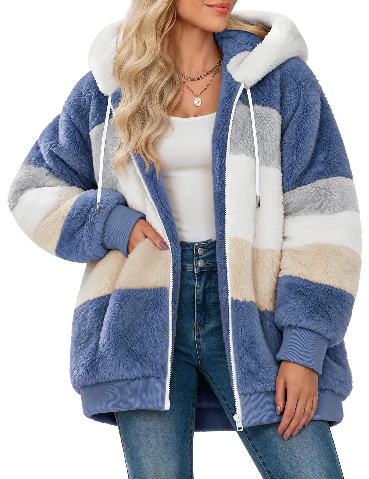 CMTOP Felpa Donna con Cappuccio Caldo Felpa in Pile Teddy Autunno Invernali Cappotto Patchwork Peluche Felpa Donna con Zip Outwear Casual Hoodie Giacca con 2 Tasche(Blu, M) - immagine 1