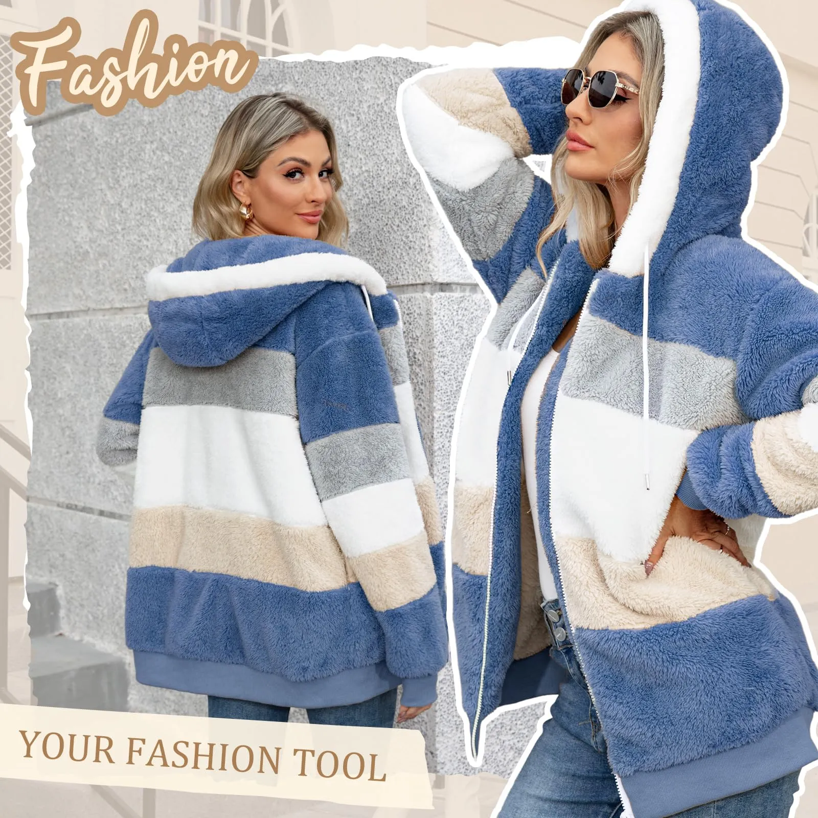 CMTOP Felpa Donna con Cappuccio Caldo Felpa in Pile Teddy Autunno Invernali Cappotto Patchwork Peluche Felpa Donna con Zip Outwear Casual Hoodie Giacca con 2 Tasche(Blu, M) - immagine 3