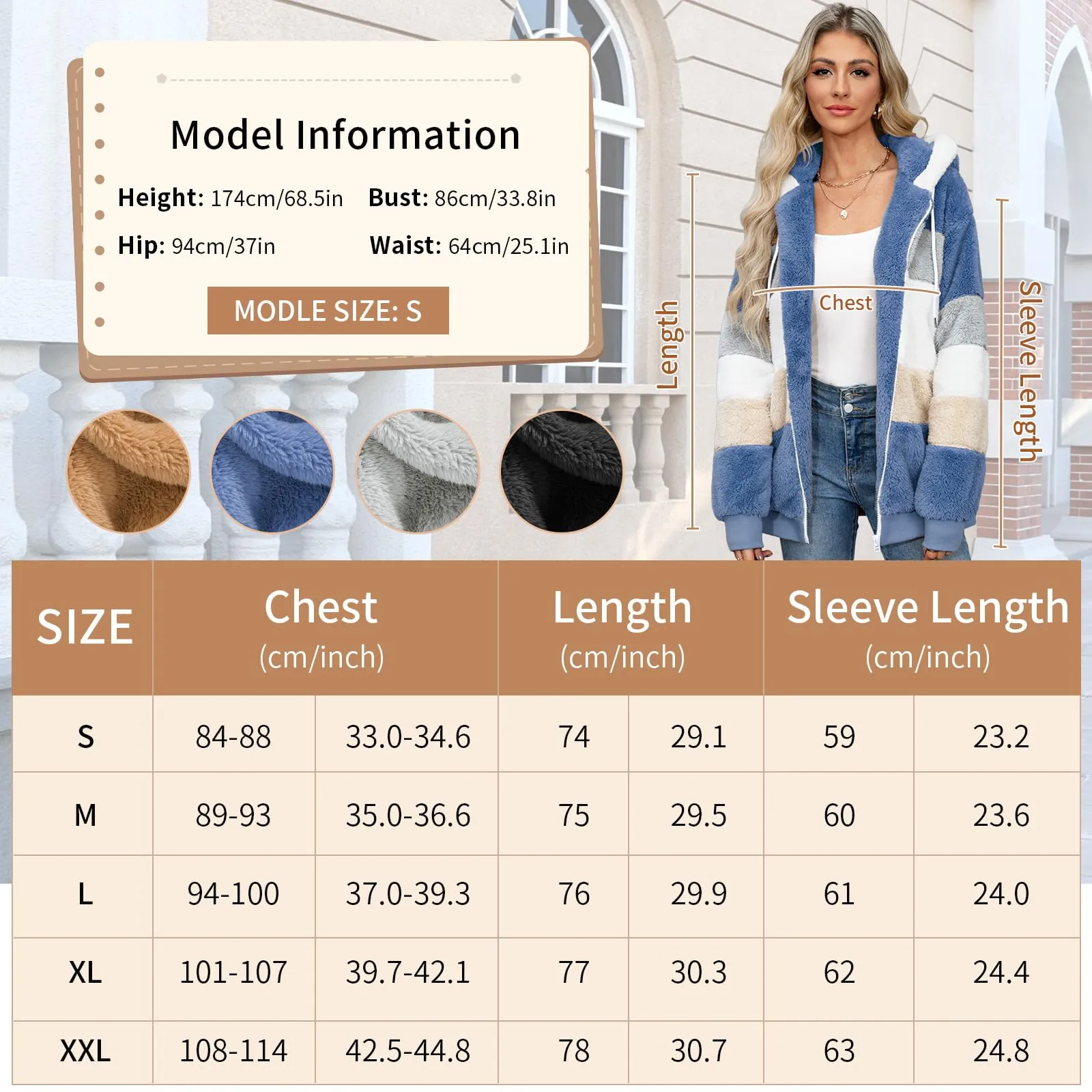 CMTOP Felpa Donna con Cappuccio Caldo Felpa in Pile Teddy Autunno Invernali Cappotto Patchwork Peluche Felpa Donna con Zip Outwear Casual Hoodie Giacca con 2 Tasche(Blu, M) - immagine 5