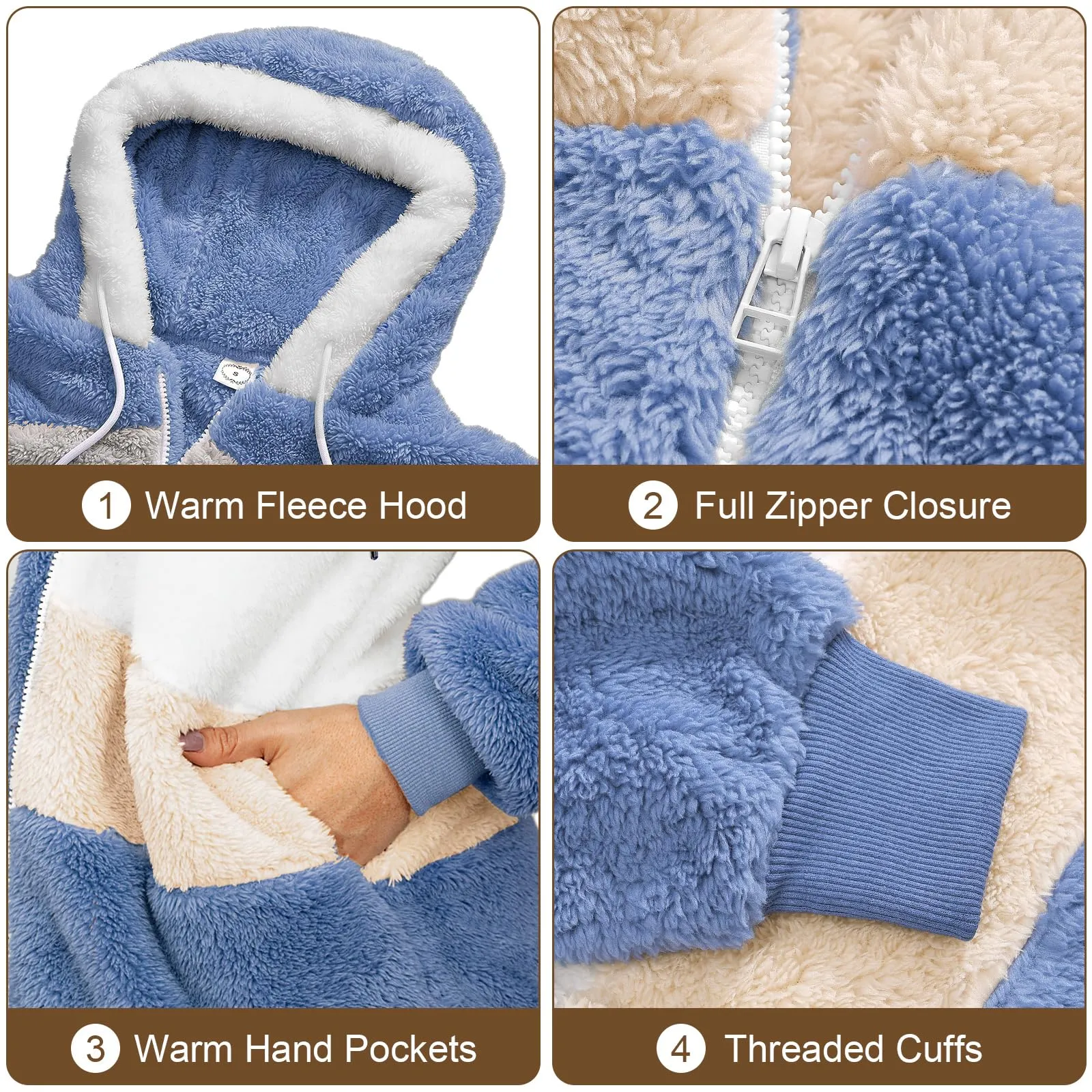 CMTOP Felpa Donna con Cappuccio Caldo Felpa in Pile Teddy Autunno Invernali Cappotto Patchwork Peluche Felpa Donna con Zip Outwear Casual Hoodie Giacca con 2 Tasche(Blu, L) - immagine 6