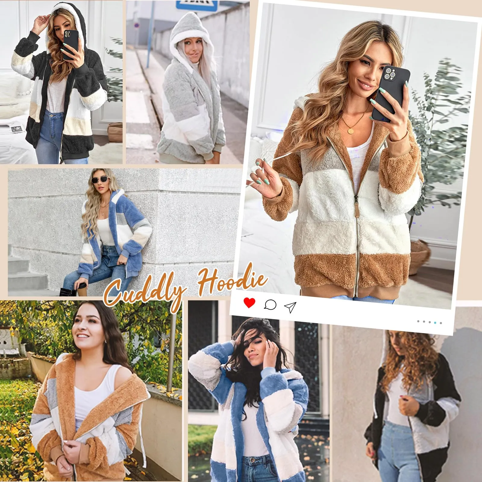 CMTOP Felpa Donna con Cappuccio Caldo Felpa in Pile Teddy Autunno Invernali Cappotto Patchwork Peluche Felpa Donna con Zip Outwear Casual Hoodie Giacca con 2 Tasche(Blu, L) - immagine 7