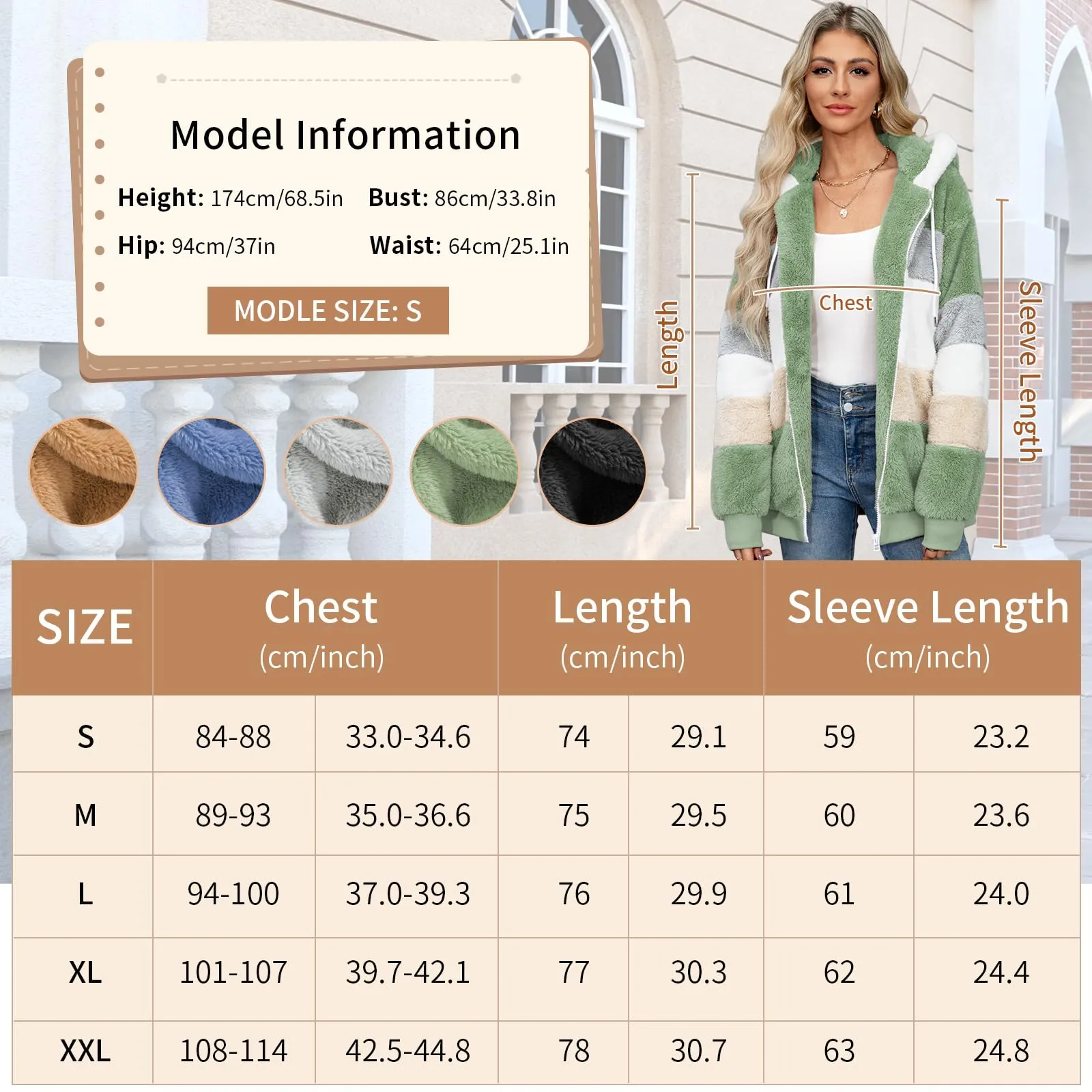 CMTOP Felpa Donna con Cappuccio Caldo Felpa in Pile Teddy Autunno Invernali Cappotto Patchwork Peluche Felpa Donna con Zip Outwear Casual Hoodie Giacca con 2 Tasche(Verde, M) - immagine 5