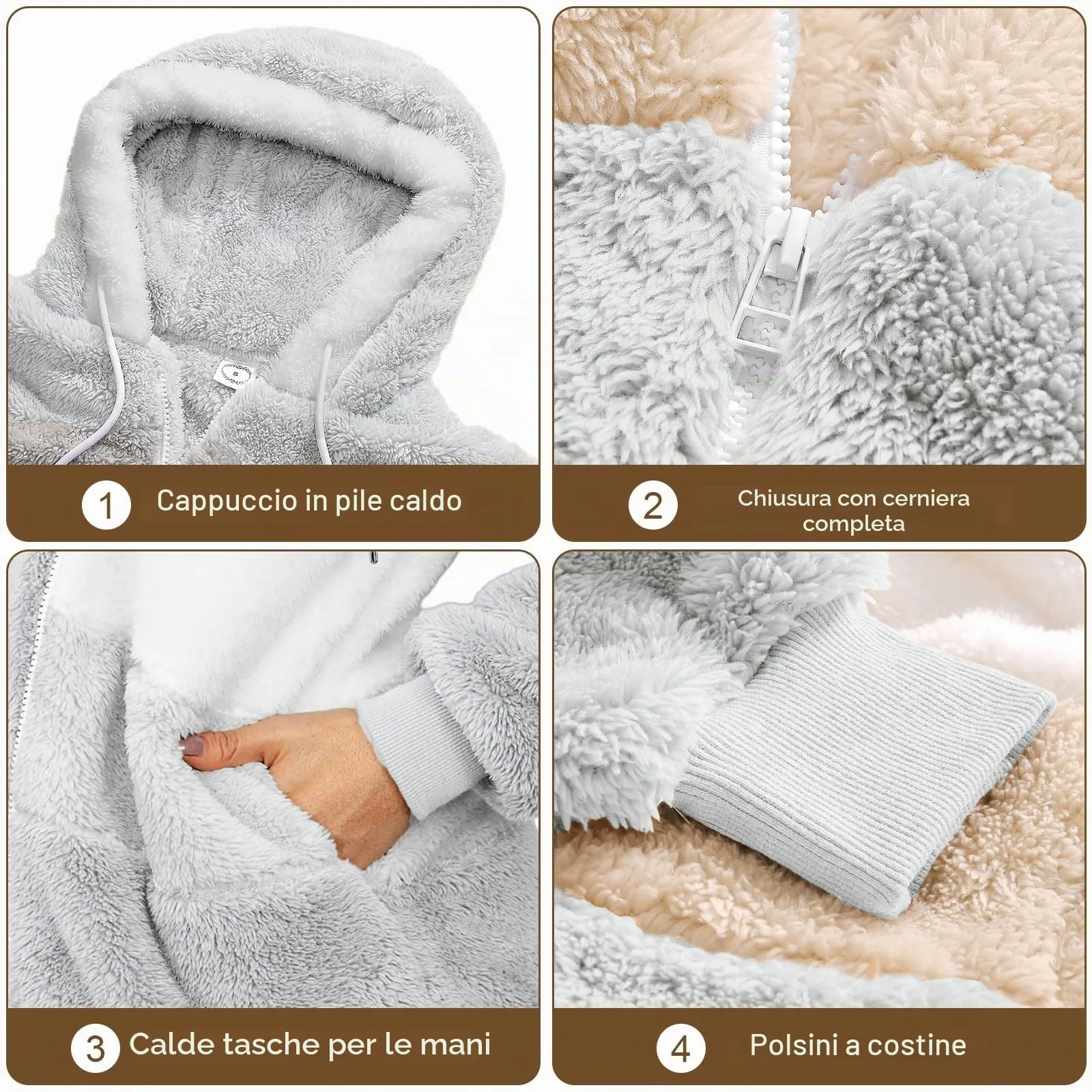 CMTOP Felpa Donna con Cappuccio Caldo Felpa in Pile Teddy Autunno Invernali Cappotto Patchwork Peluche Felpa Donna con Zip Outwear Casual Hoodie Giacca con 2 Tasche(Grigio, M) - immagine 6