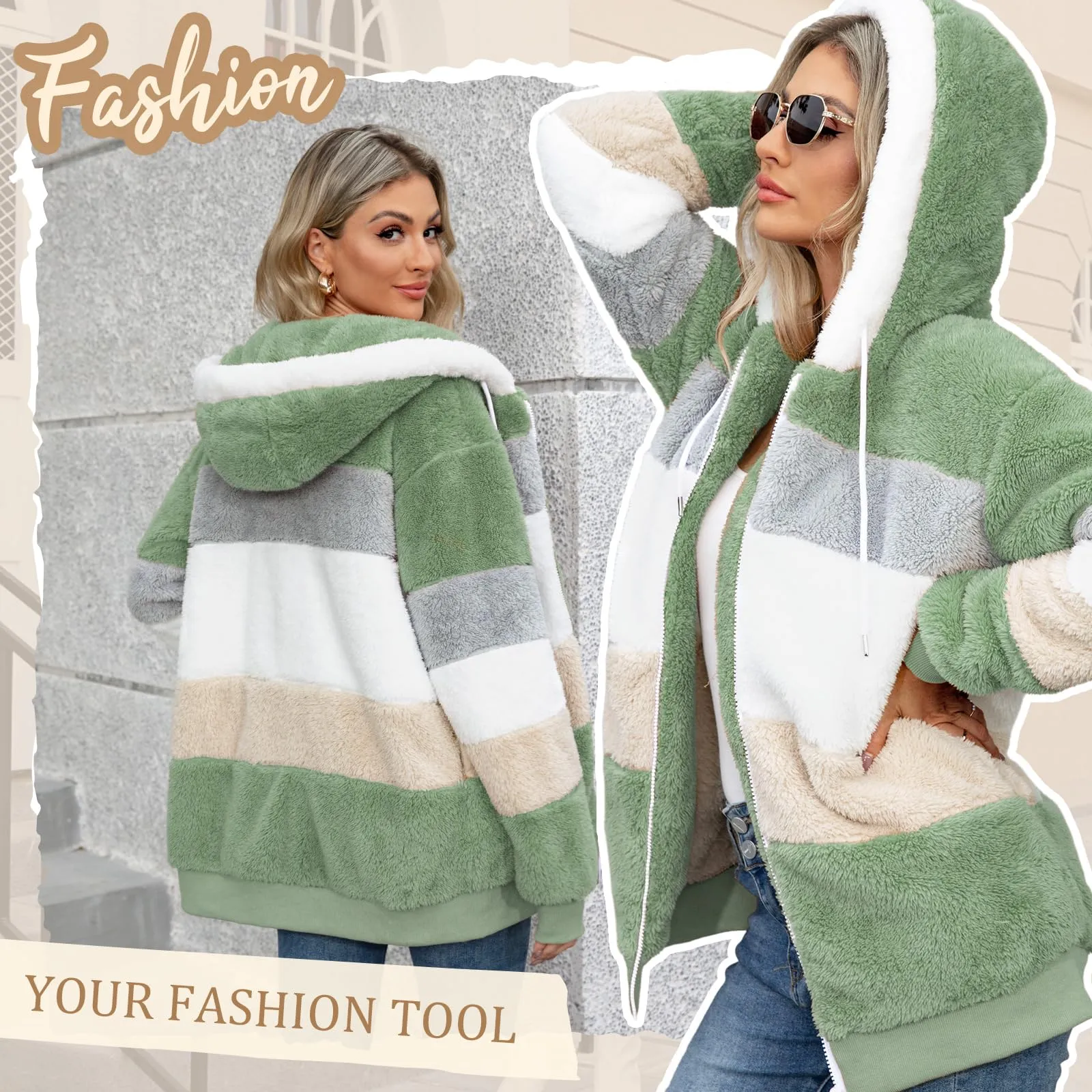 CMTOP Felpa Donna con Cappuccio Caldo Felpa in Pile Teddy Autunno Invernali Cappotto Patchwork Peluche Felpa Donna con Zip Outwear Casual Hoodie Giacca con 2 Tasche(Verde, L) - immagine 3