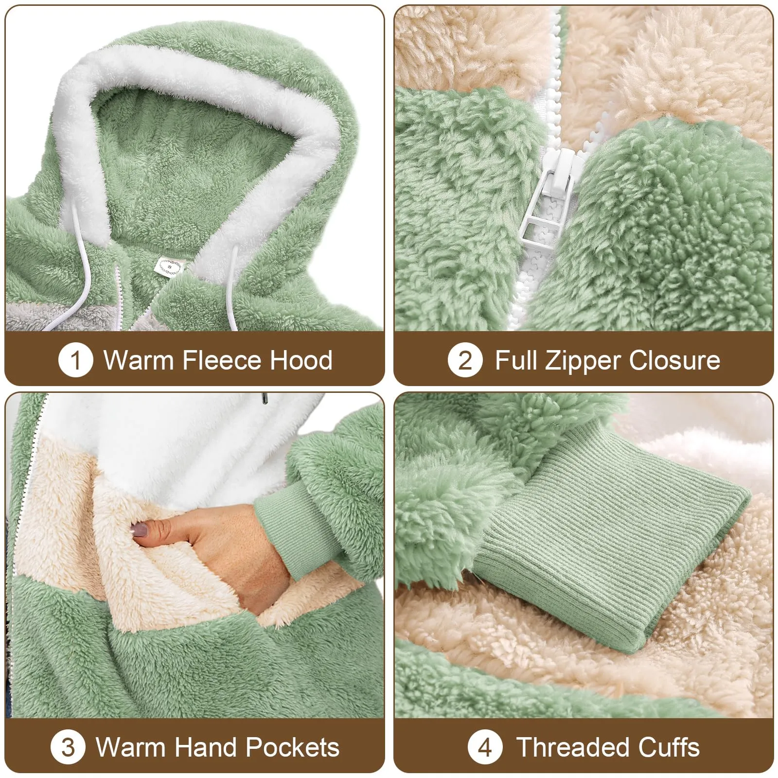 CMTOP Felpa Donna con Cappuccio Caldo Felpa in Pile Teddy Autunno Invernali Cappotto Patchwork Peluche Felpa Donna con Zip Outwear Casual Hoodie Giacca con 2 Tasche(Verde, L) - immagine 6