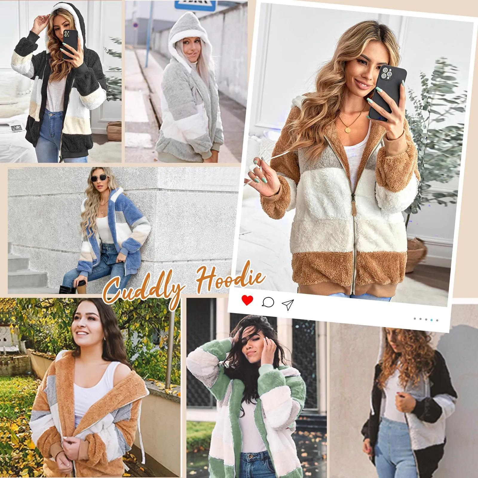 CMTOP Felpa Donna con Cappuccio Caldo Felpa in Pile Teddy Autunno Invernali Cappotto Patchwork Peluche Felpa Donna con Zip Outwear Casual Hoodie Giacca con 2 Tasche(Verde, L) - immagine 7