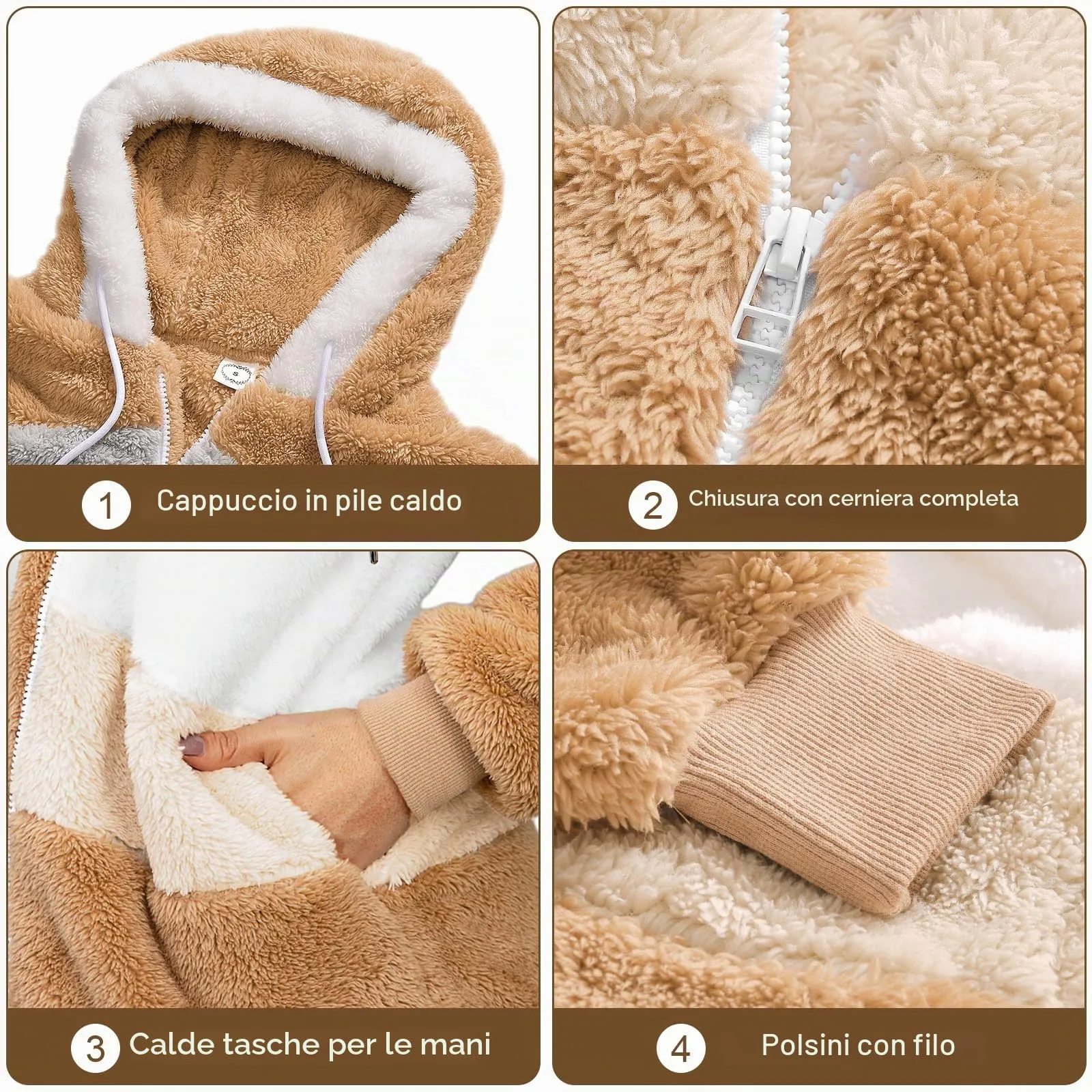CMTOP Felpa Donna con Cappuccio Caldo Felpa in Pile Teddy Autunno Invernali Cappotto Patchwork Peluche Felpa Donna con Zip Outwear Casual Hoodie Giacca con 2 Tasche(Marrone, L) - immagine 6