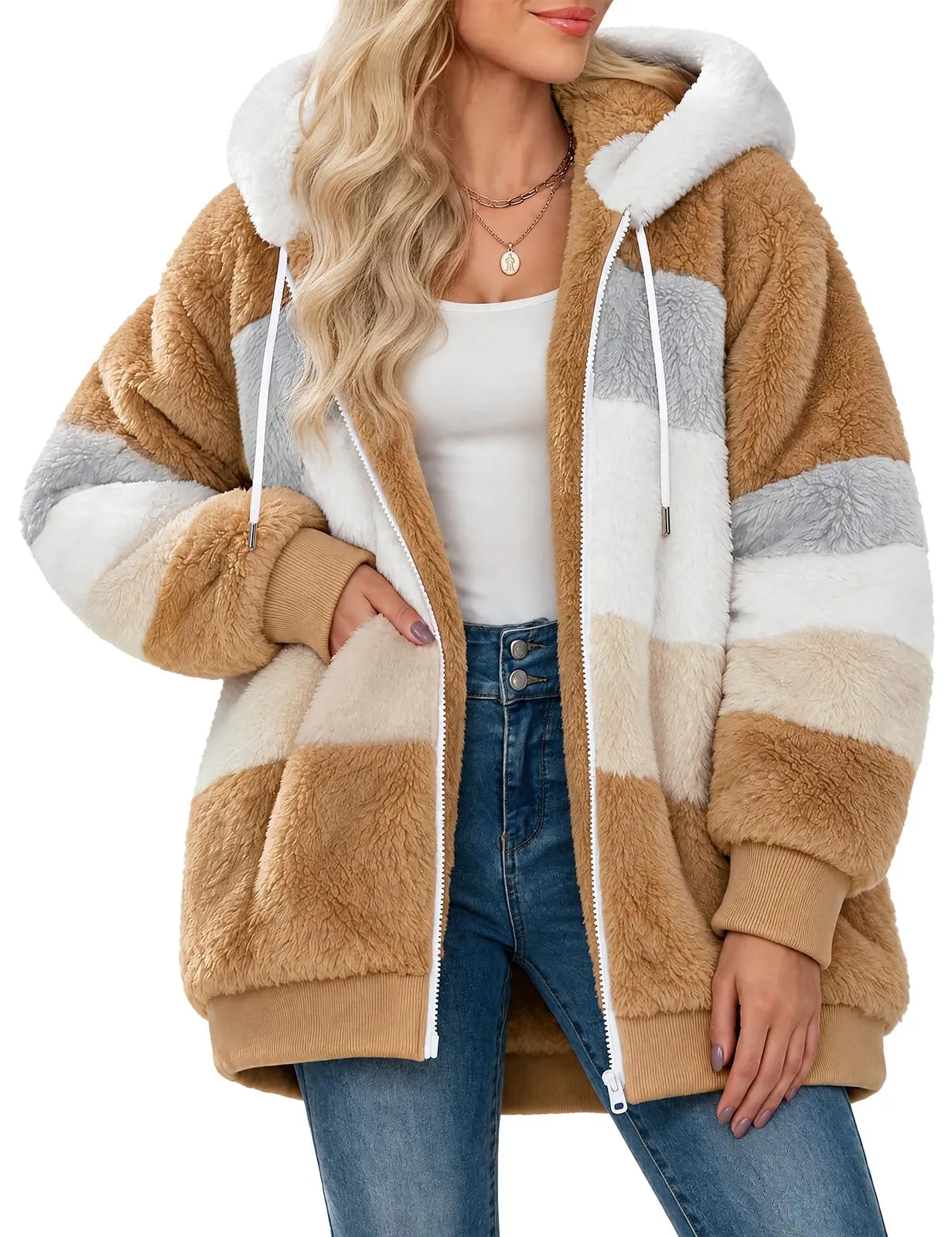CMTOP Felpa Donna con Cappuccio Caldo Felpa in Pile Teddy Autunno Invernali Cappotto Patchwork Peluche Felpa Donna con Zip Outwear Casual Hoodie Giacca con 2 Tasche(Marrone, XL) - immagine 1