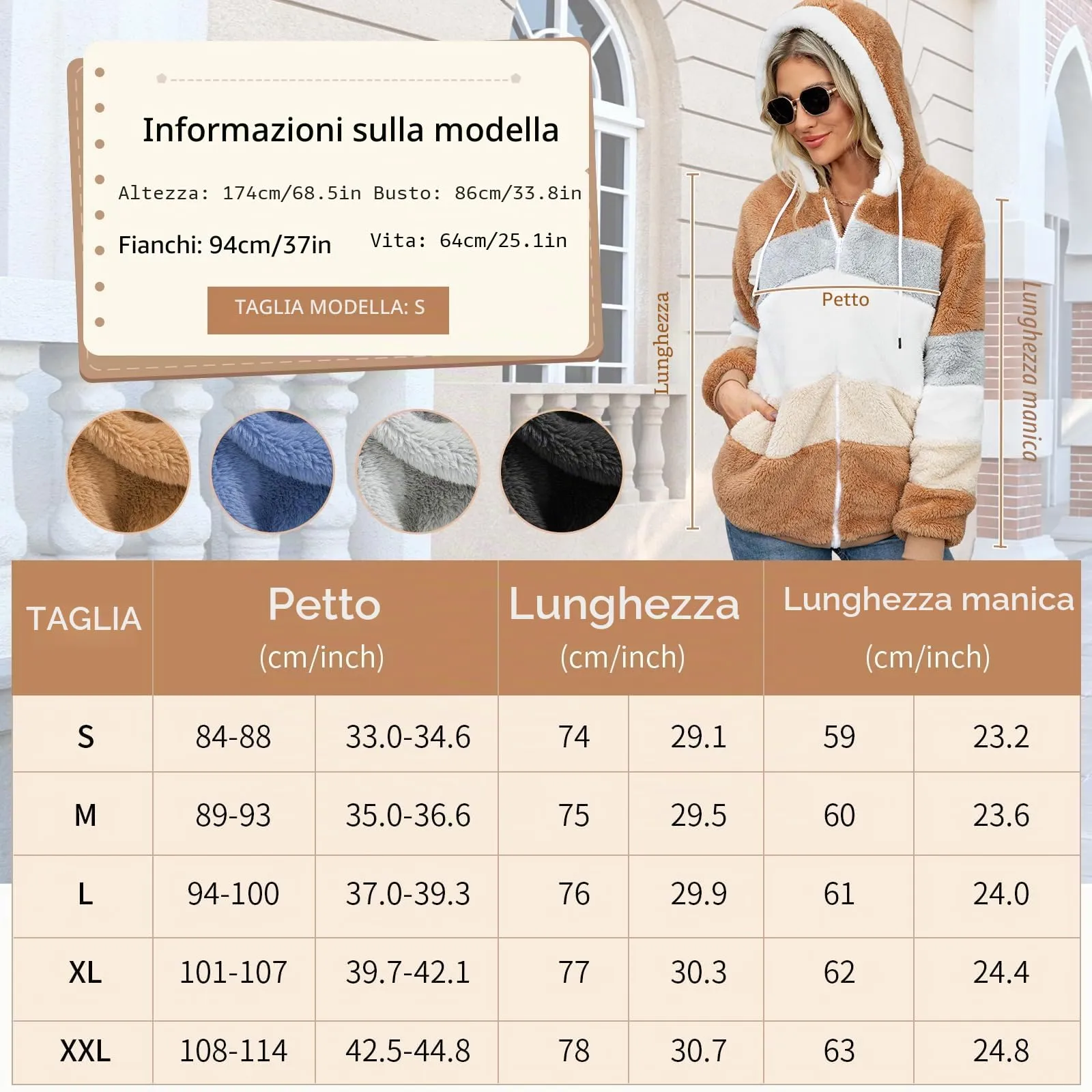 CMTOP Felpa Donna con Cappuccio Caldo Felpa in Pile Teddy Autunno Invernali Cappotto Patchwork Peluche Felpa Donna con Zip Outwear Casual Hoodie Giacca con 2 Tasche(Marrone, XL) - immagine 5