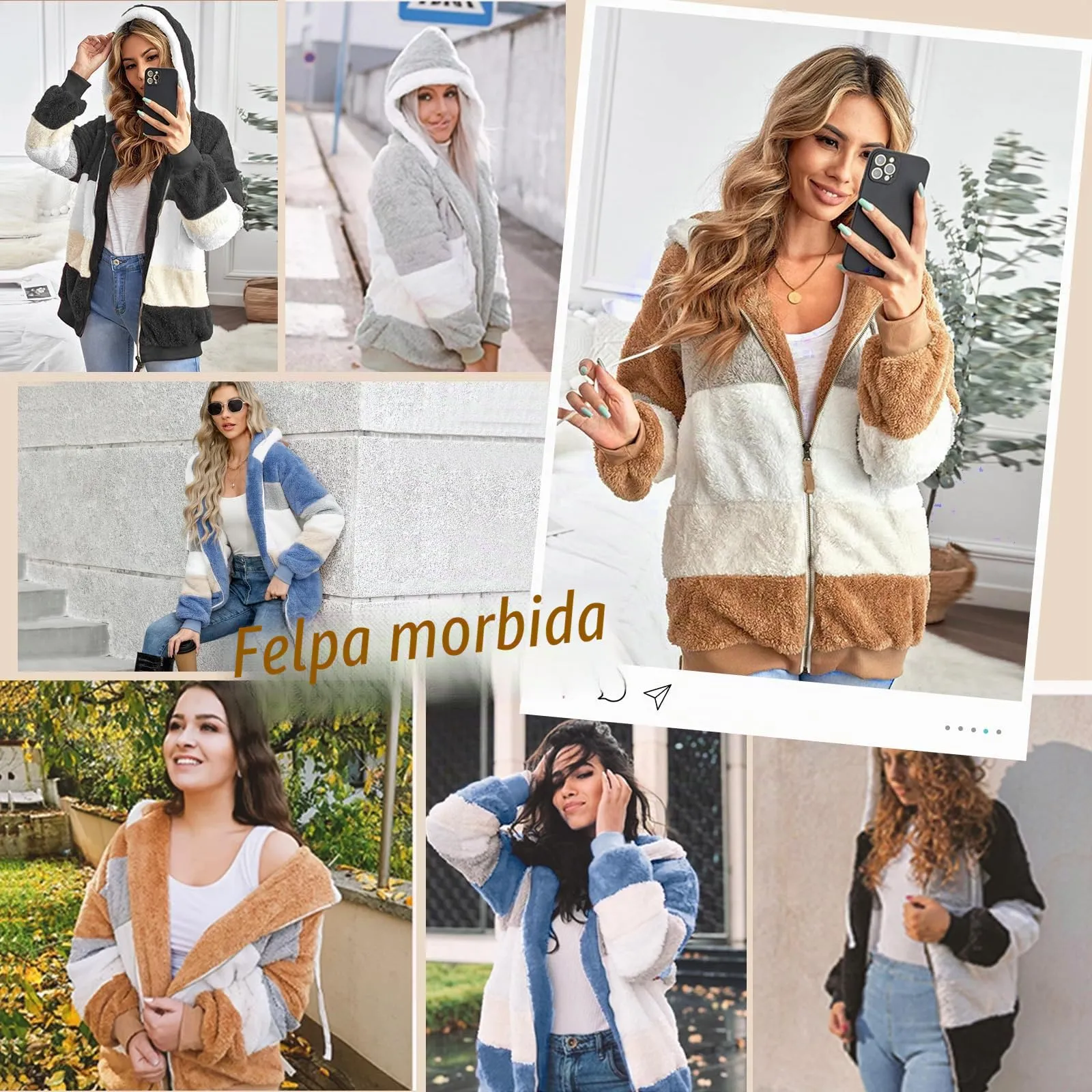 CMTOP Felpa Donna con Cappuccio Caldo Felpa in Pile Teddy Autunno Invernali Cappotto Patchwork Peluche Felpa Donna con Zip Outwear Casual Hoodie Giacca con 2 Tasche(Marrone, XL) - immagine 7
