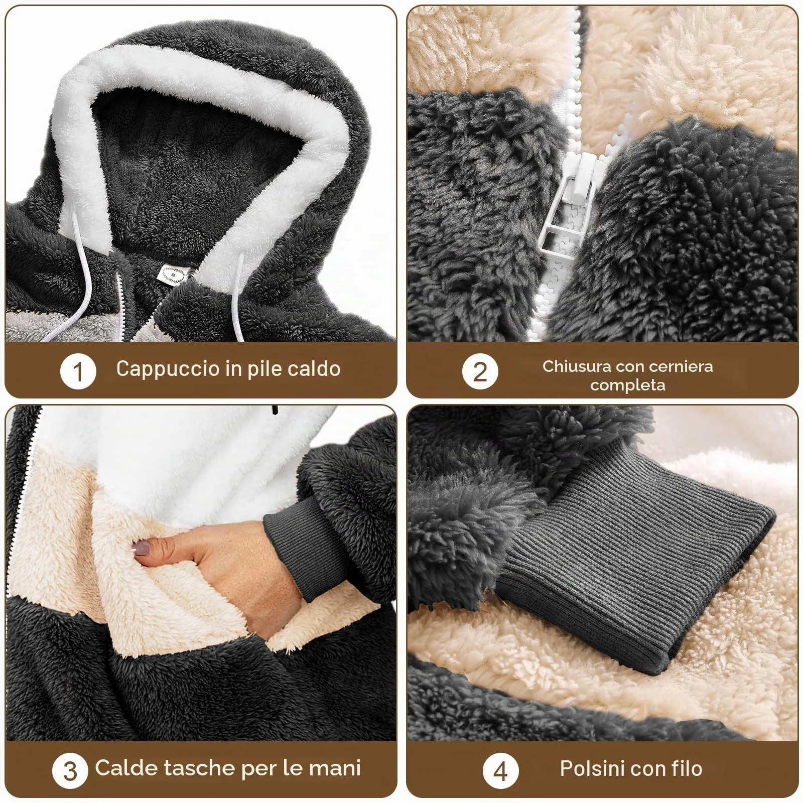 CMTOP Felpa Donna con Cappuccio Caldo Felpa in Pile Teddy Autunno Invernali Cappotto Patchwork Peluche Felpa Donna con Zip Outwear Casual Hoodie Giacca con 2 Tasche(Nero, M) - immagine 6